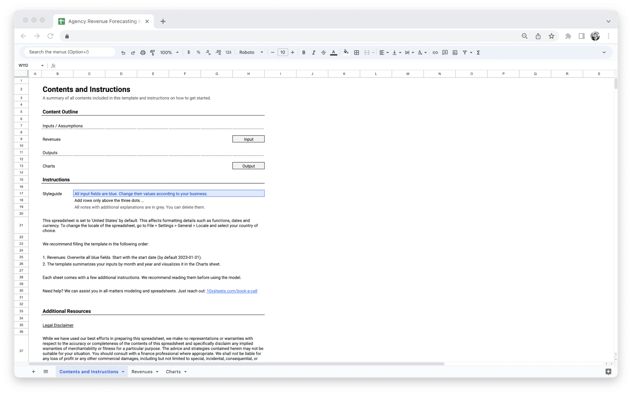 Agency Revenue Forecasting Tool Contents and Instructions tab with setup order and overview in Google Sheets