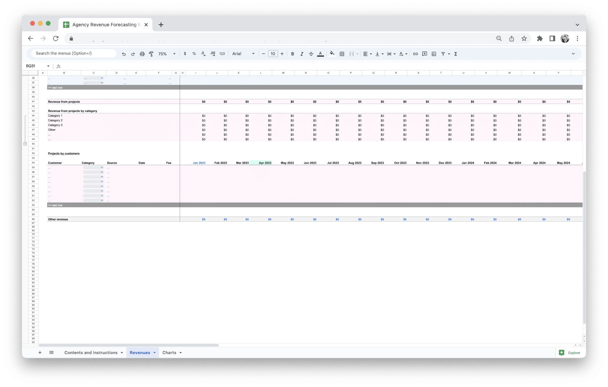 Agency Revenue Forecasting Tool Revenue tab section for other revenue and related inputs in Google Sheets