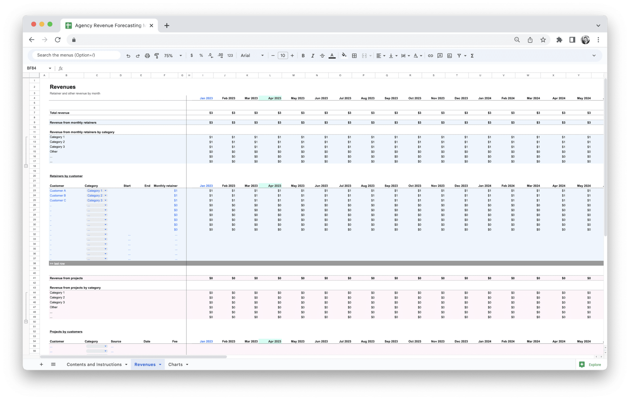 Agency Revenue Forecasting Tool Google Sheets Revenue tab showing retainers by customer and project revenue inputs