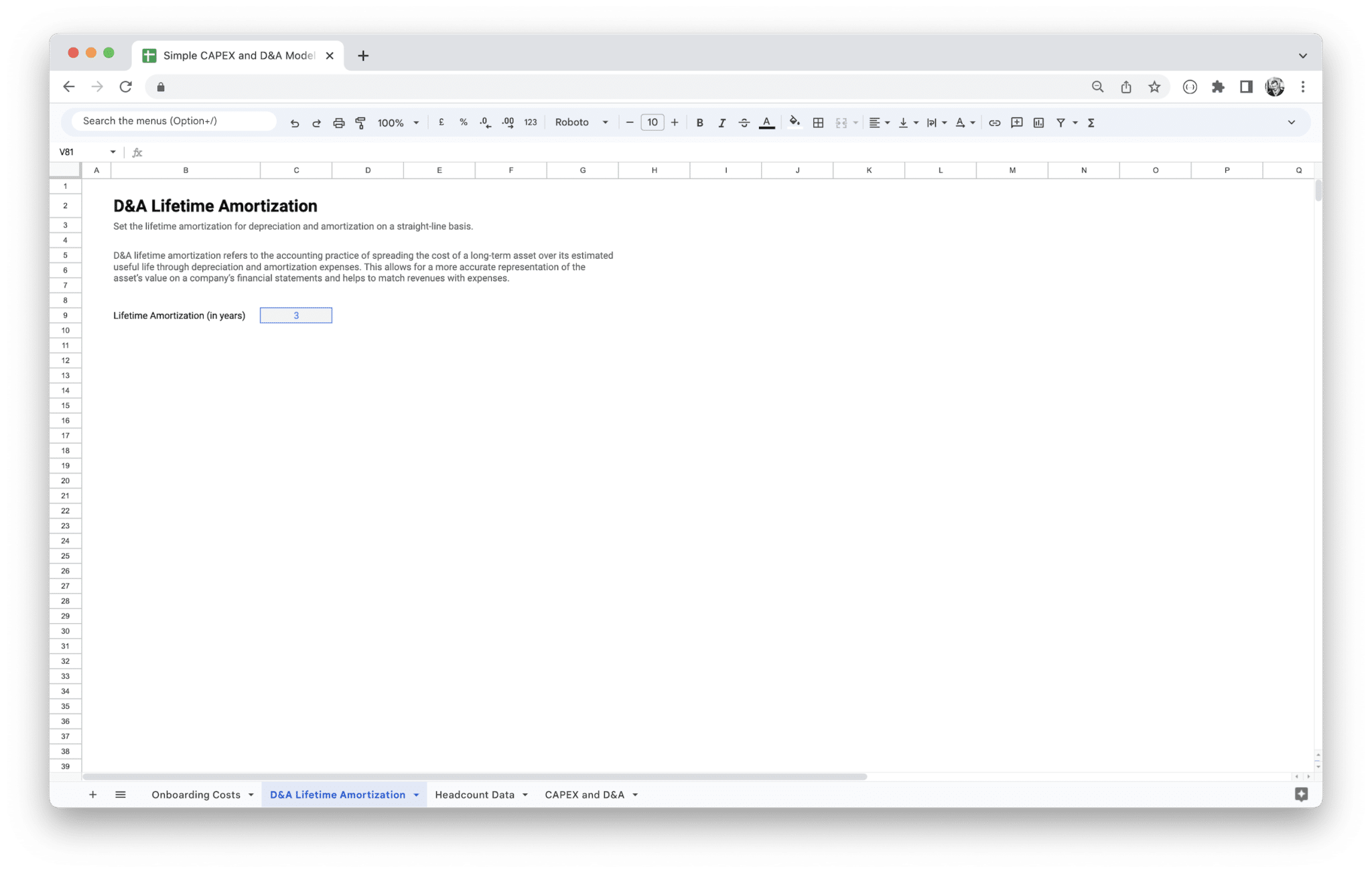 Capital Expenditure Planning - Lifetime Amortization screenshot in Google Sheets