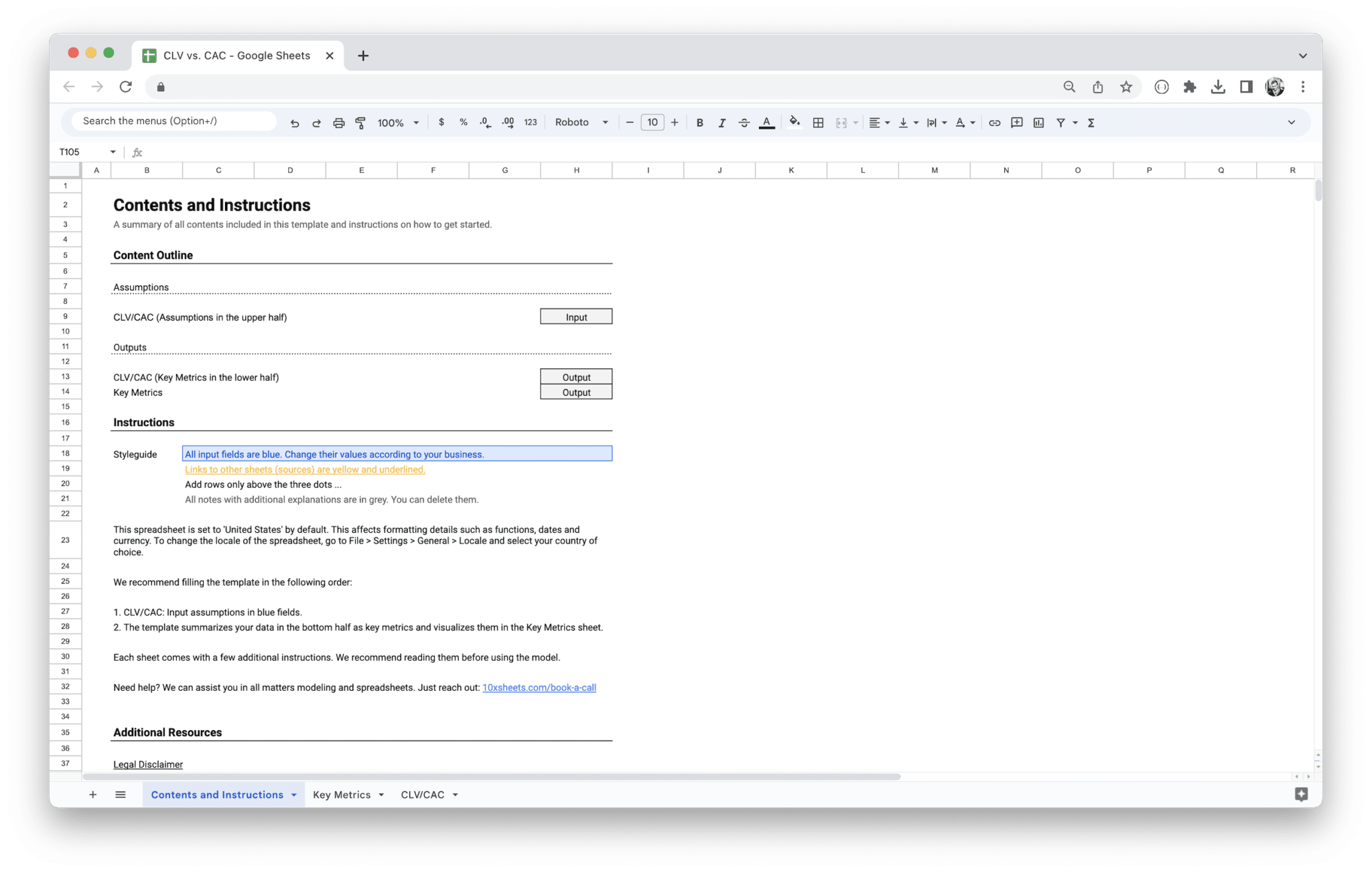 CLV vs CAC Analysis - Contents and Instructions with getting started guide in Google Sheets