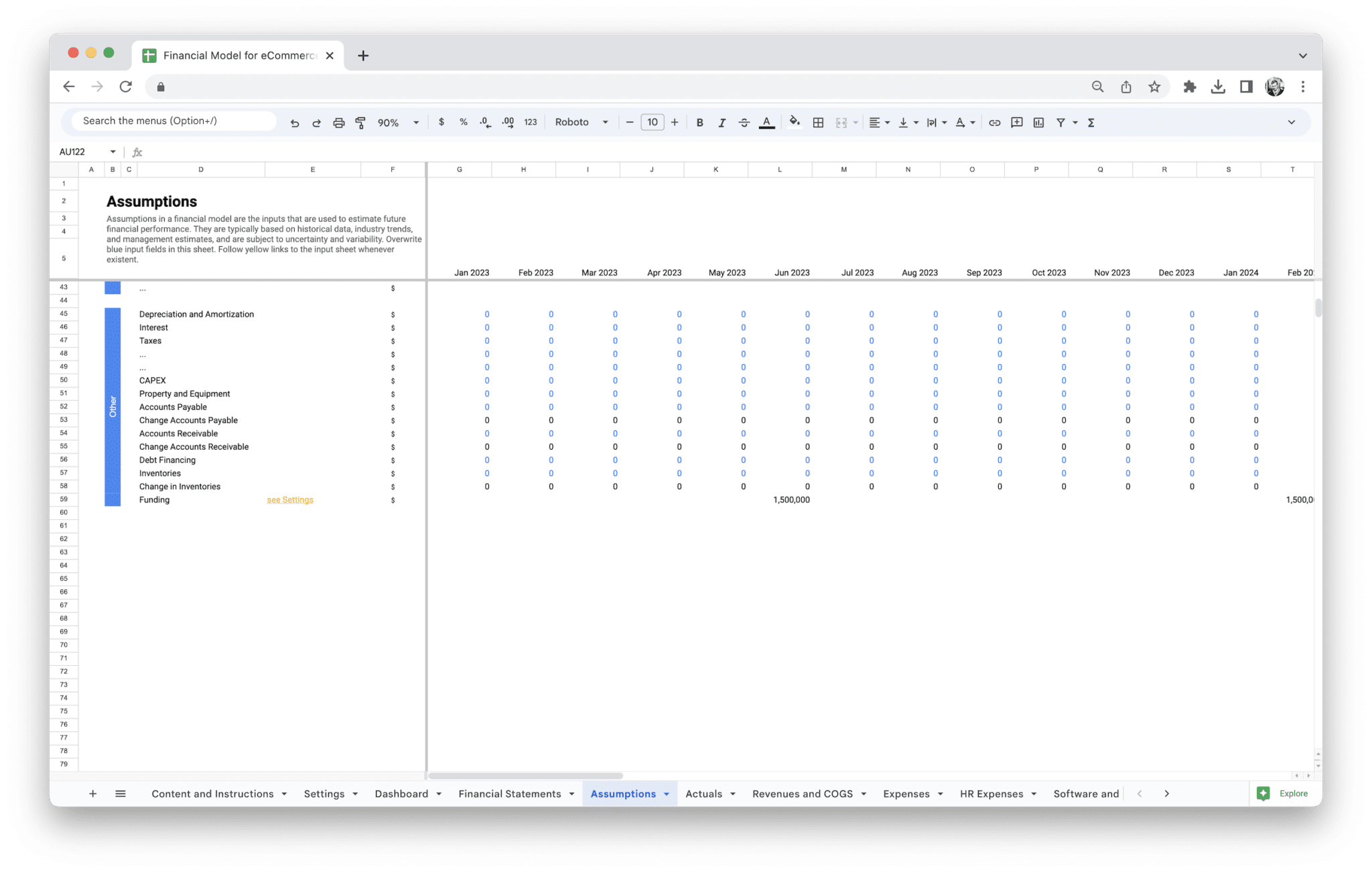 E-Commerce Financial Model - Ecommerce Financial Model Assumptions for financial model inputs in Google Sheets