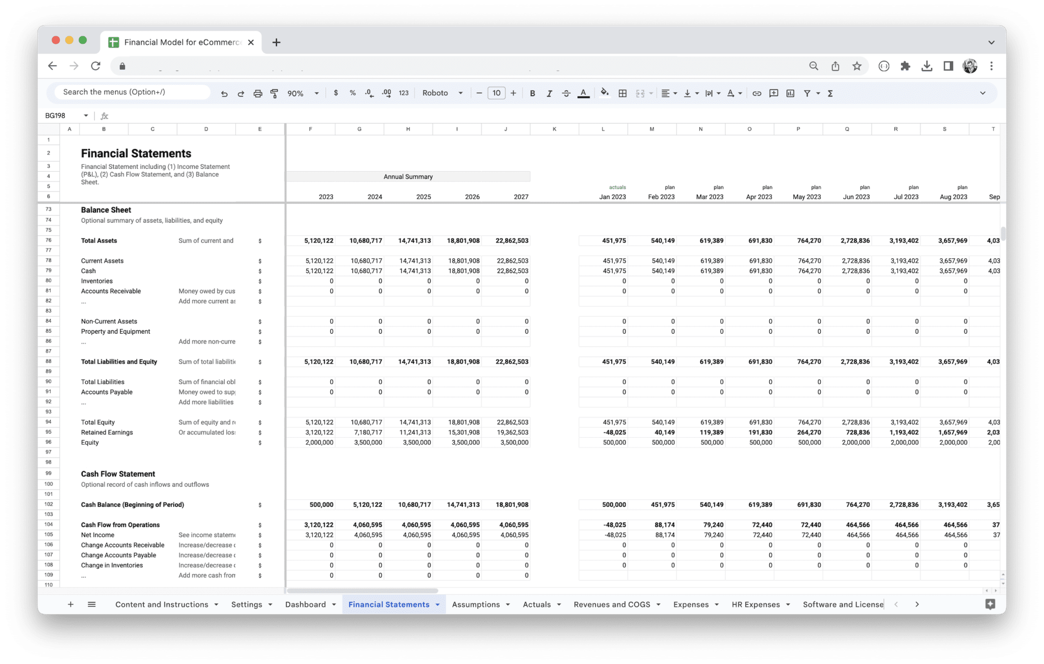 E-Commerce Financial Model - Ecommerce Financial Model Balance Sheet screenshot in Google Sheets