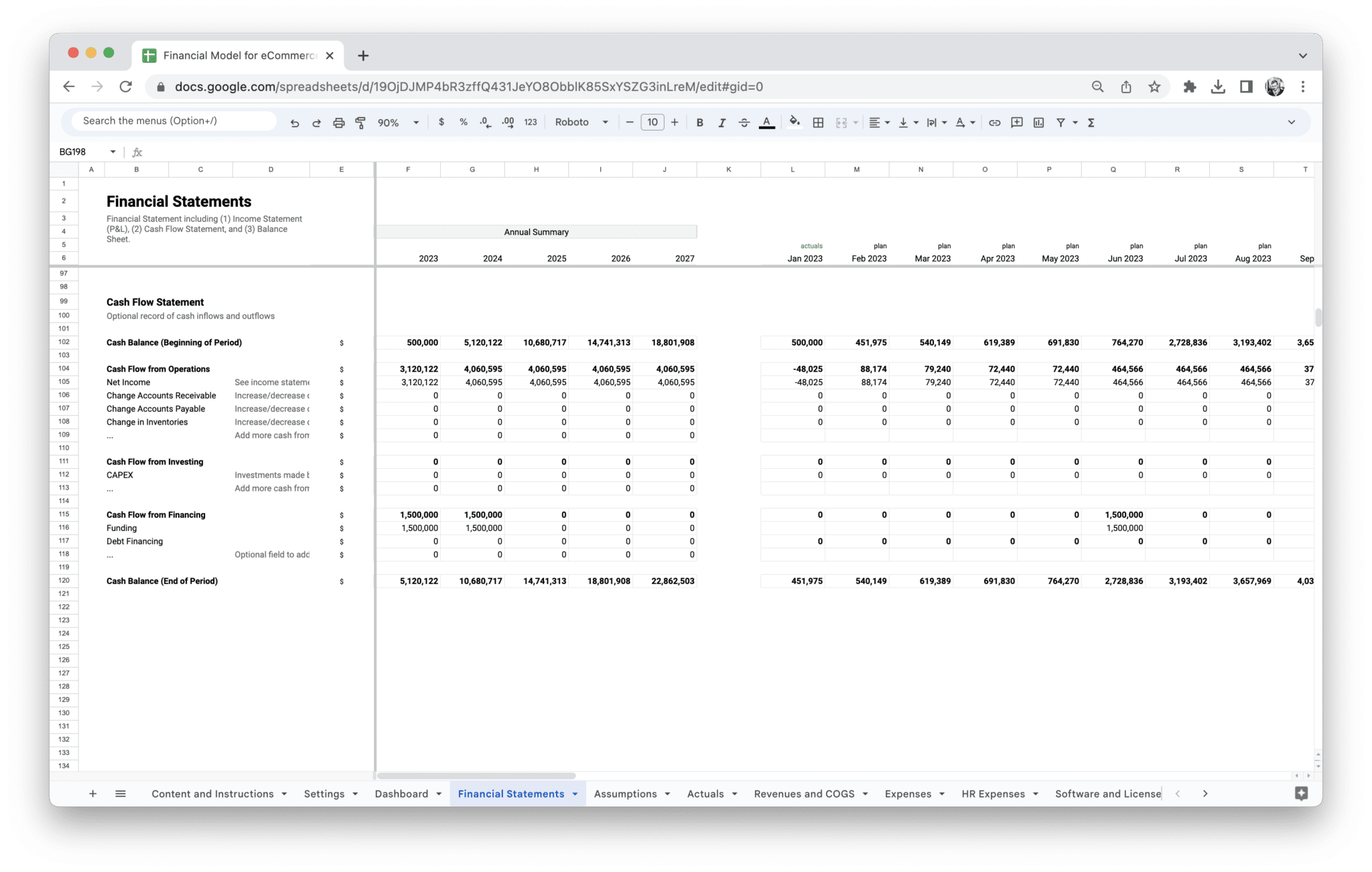 E-Commerce Financial Model - Ecommerce Financial Model Cash Flow Sheet screenshot in Google Sheets