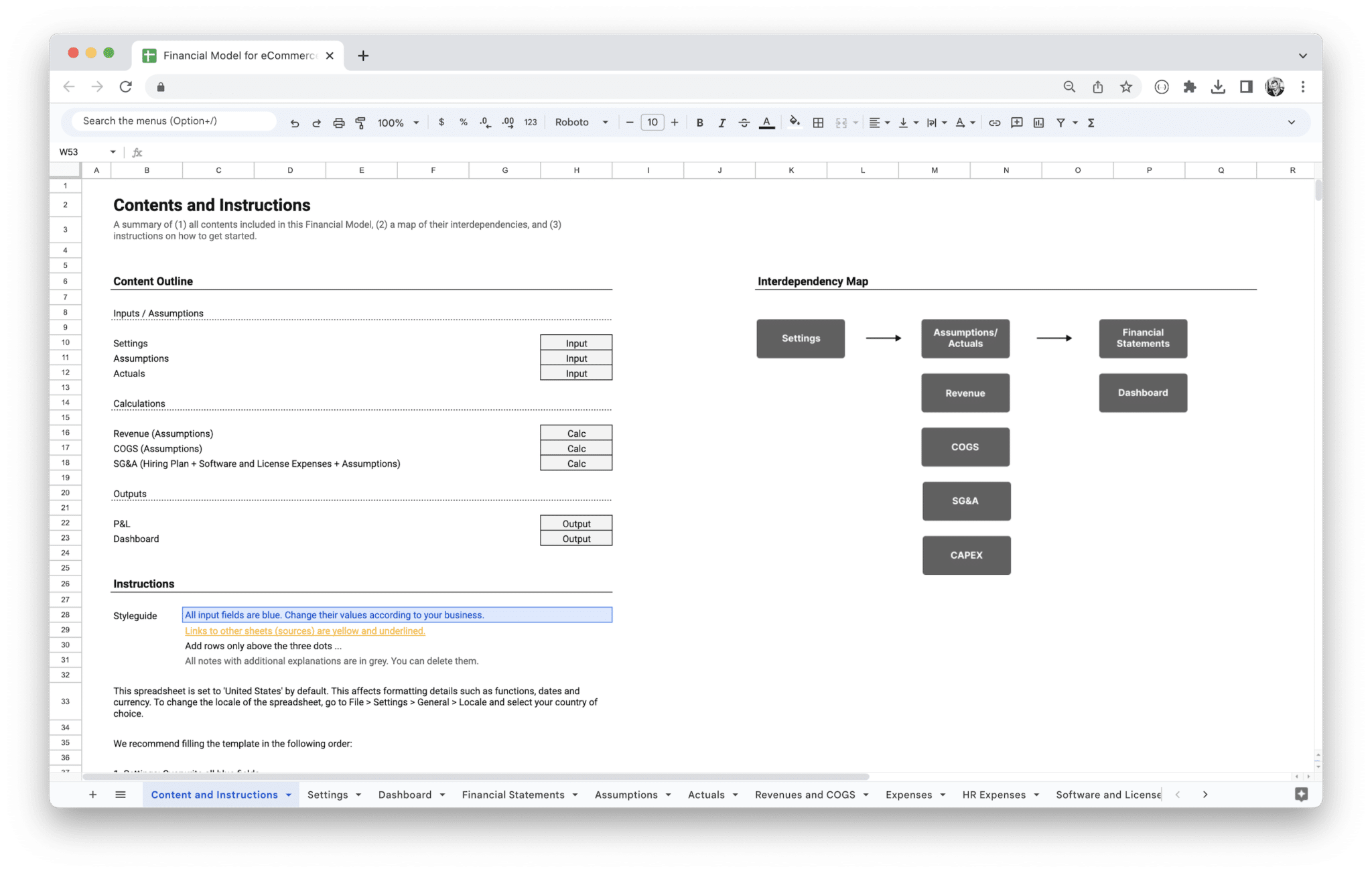 E-Commerce Financial Model - Ecommerce Financial Model Contents And Instructions with getting started guide in Google Sheets