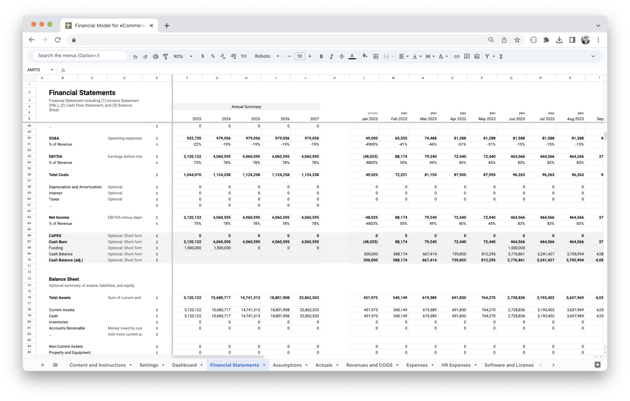 E-Commerce Financial Model - Ecommerce Financial Model Pl screenshot in Google Sheets