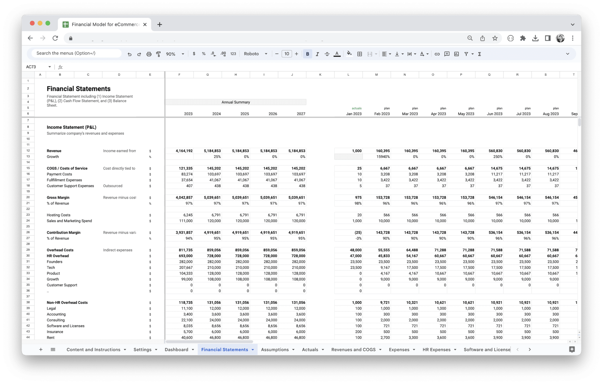 E-Commerce Financial Model - Ecommerce Financial Model Pl screenshot in Google Sheets
