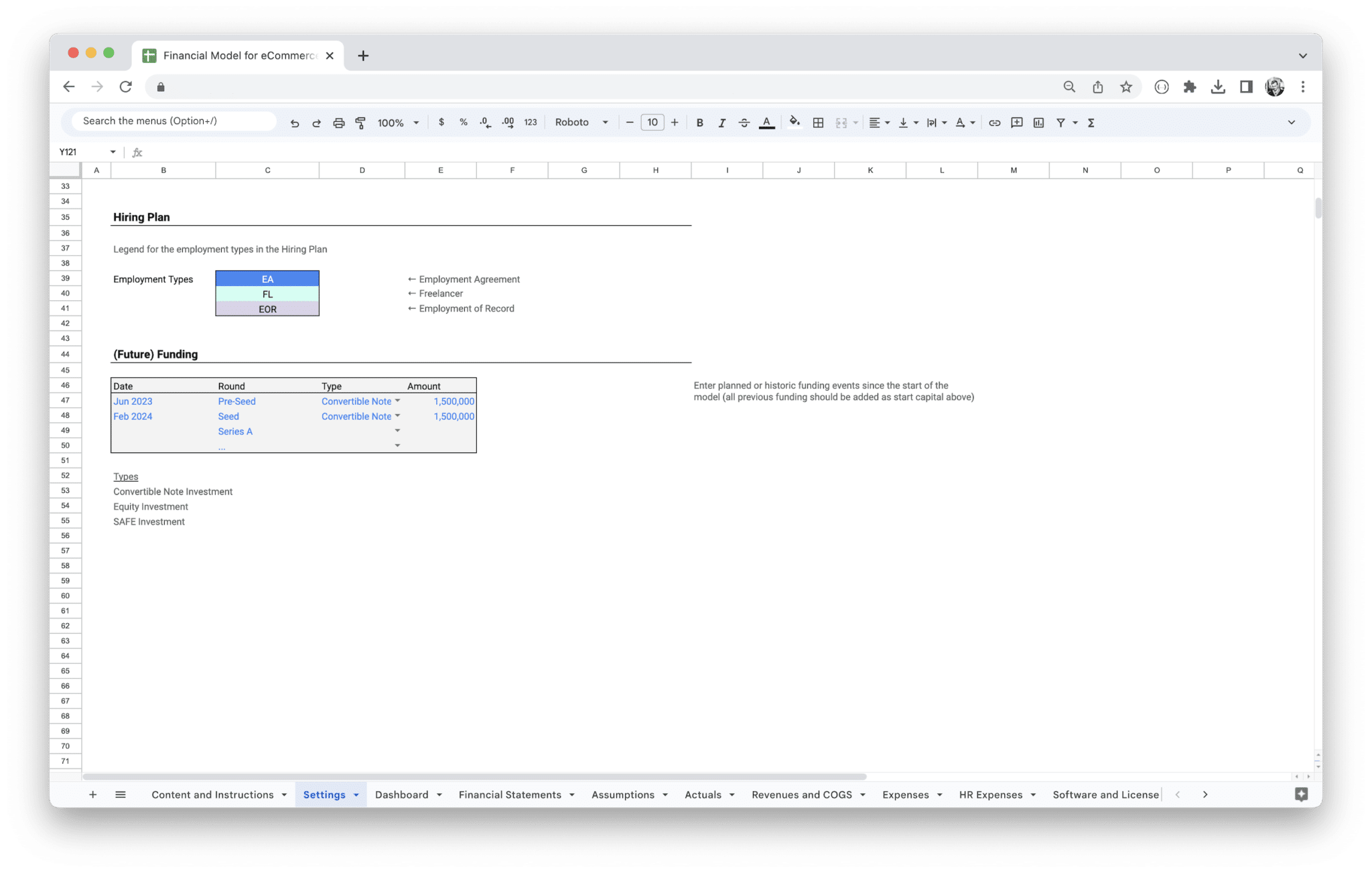 E-Commerce Financial Model - Ecommerce Financial Model Settings screenshot in Google Sheets