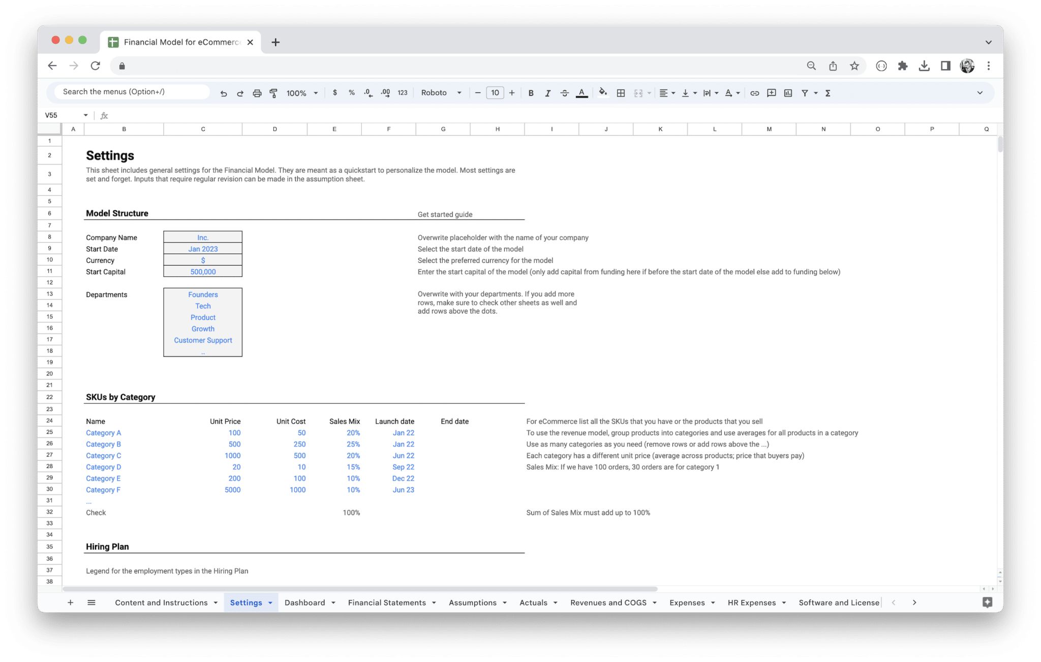 E-Commerce Financial Model - Ecommerce Financial Model Settings screenshot in Google Sheets