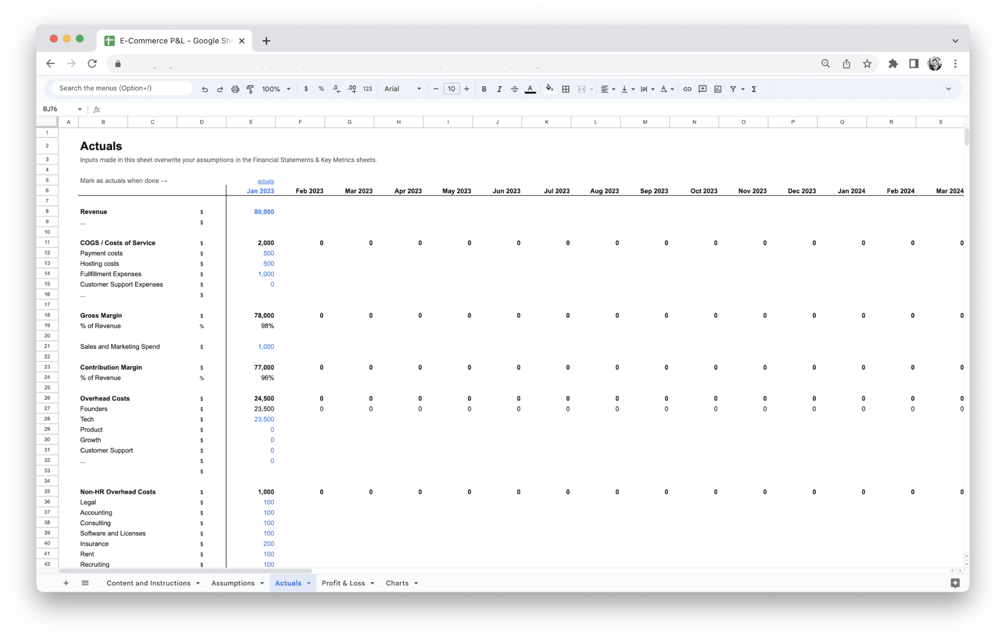 E-Commerce Profit and Loss Statement template: optional Actuals tab for plan versus history in Google Sheets