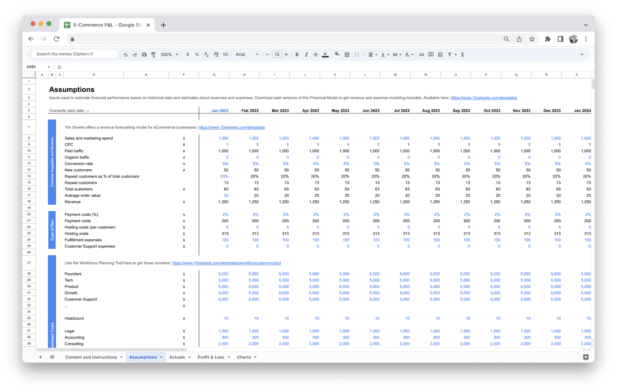E-Commerce Profit and Loss Statement template: Assumptions tab for retail revenue and expense drivers in Google Sheets