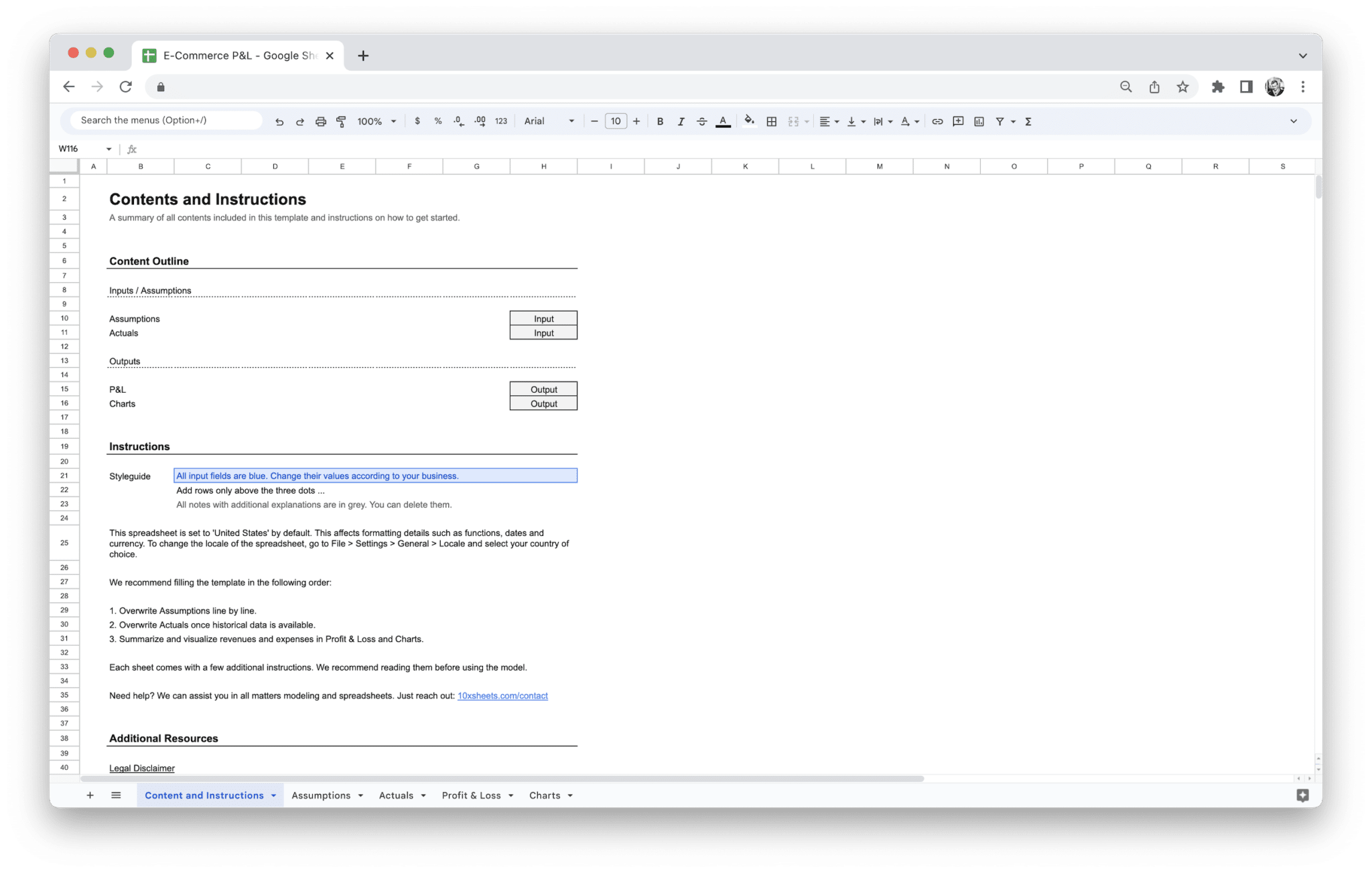 E-Commerce Profit and Loss Statement template: Content and Instructions tab with setup guide in Google Sheets