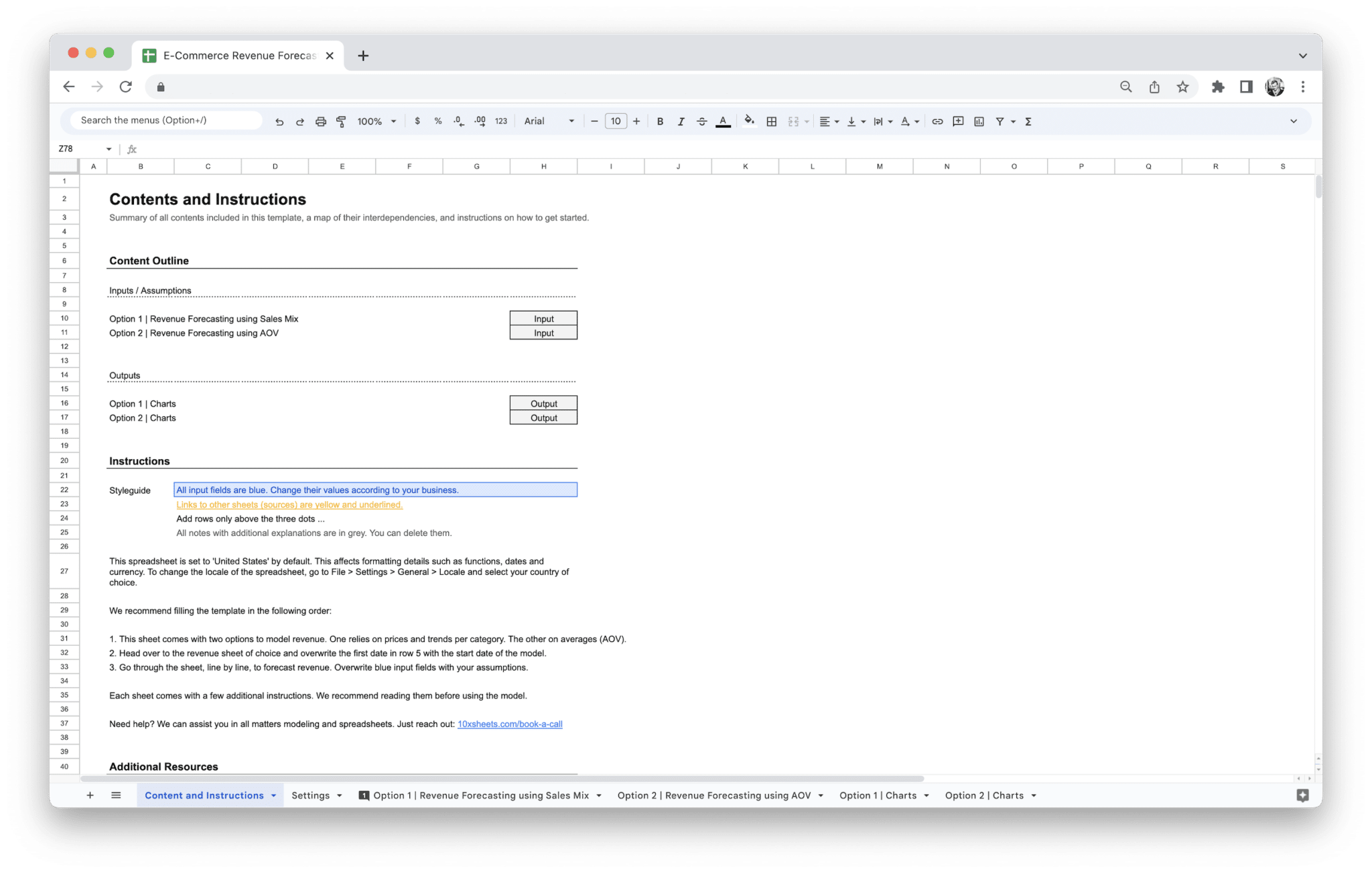 E-Commerce Revenue Forecasting Tool - Ecommerce Revenue Forecasting Tool Contents And Instructions preview in Google Sheets