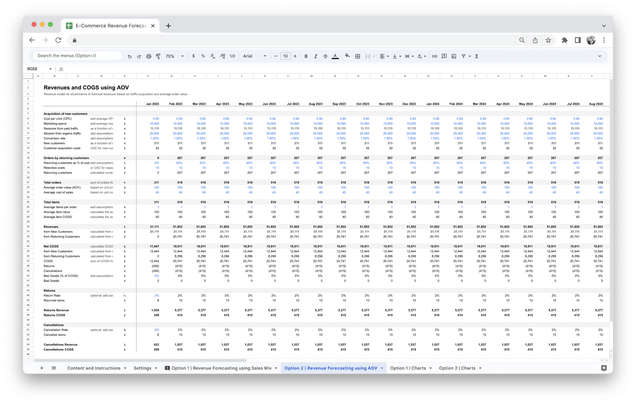E-Commerce Revenue Forecasting Tool - Ecommerce Revenue Forecasting Tool Revenue Forecasting Using Aov preview in Google Sheets