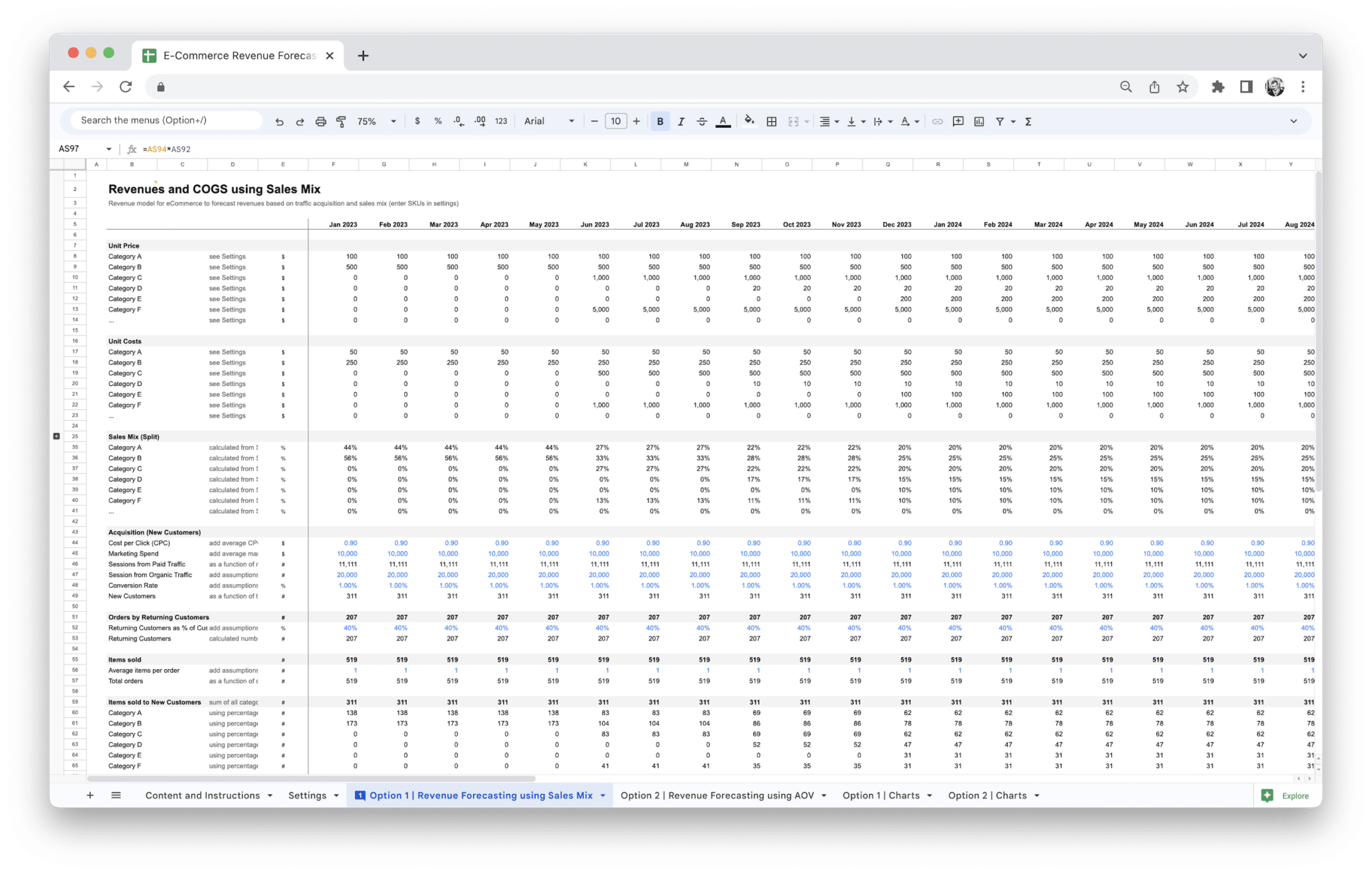 E-Commerce Revenue Forecasting Tool - Ecommerce Revenue Forecasting Tool Revenue Forecasting Using Sales Mix preview in Google Sheets