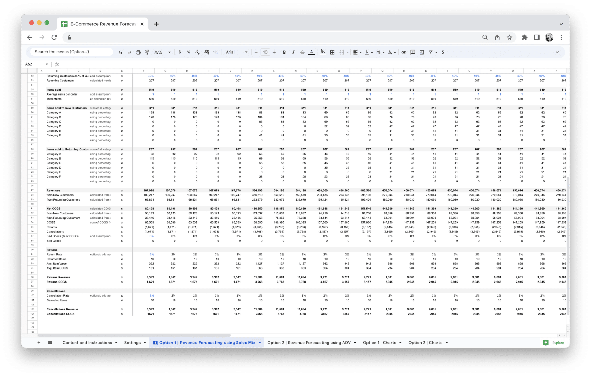 E-Commerce Revenue Forecasting Tool - Ecommerce Revenue Forecasting Tool Revenue Forecasting screenshot in Google Sheets