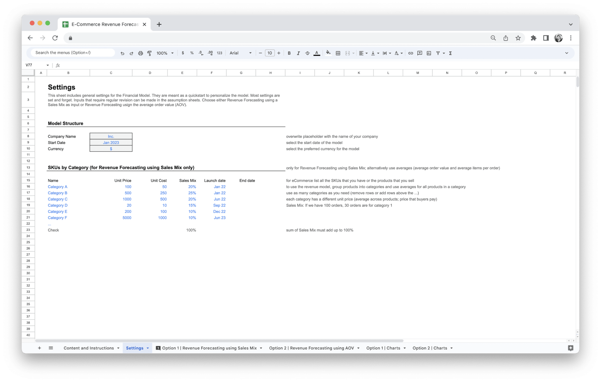 E-Commerce Revenue Forecasting Tool - Ecommerce Revenue Forecasting Tool Settings screenshot in Google Sheets