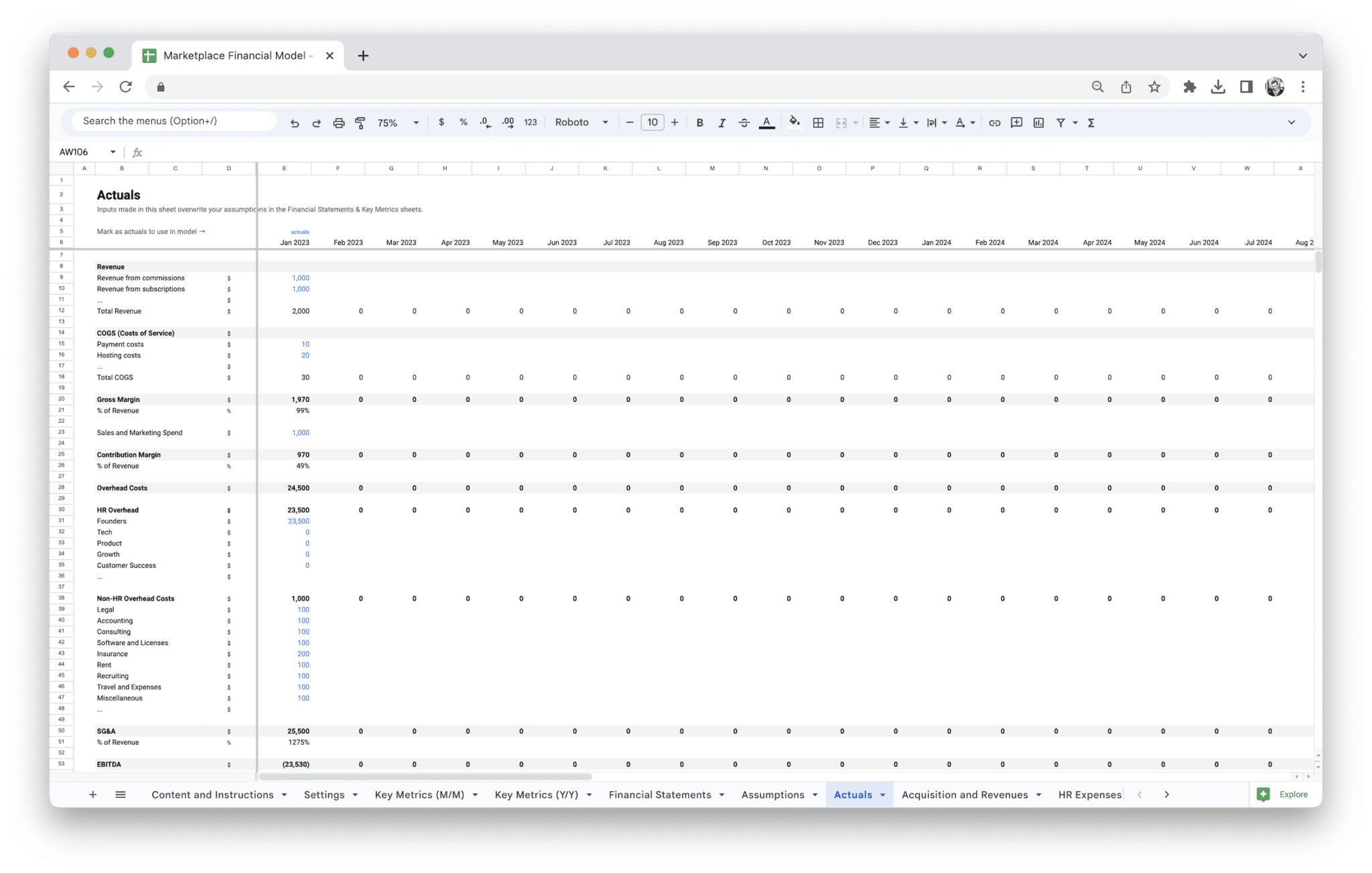 Marketplace Financial Model - Marketplace Financial Model Actuals screenshot in Google Sheets