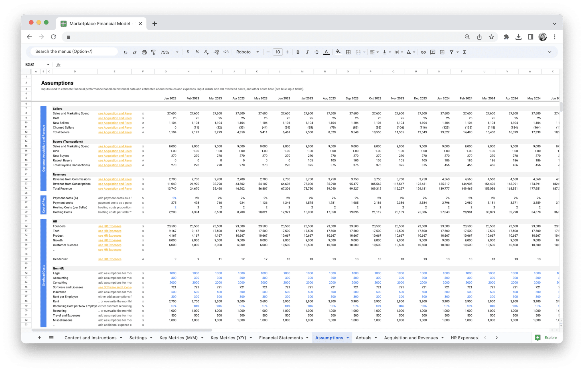Marketplace Financial Model - Marketplace Financial Model Assumptions for financial model inputs in Google Sheets
