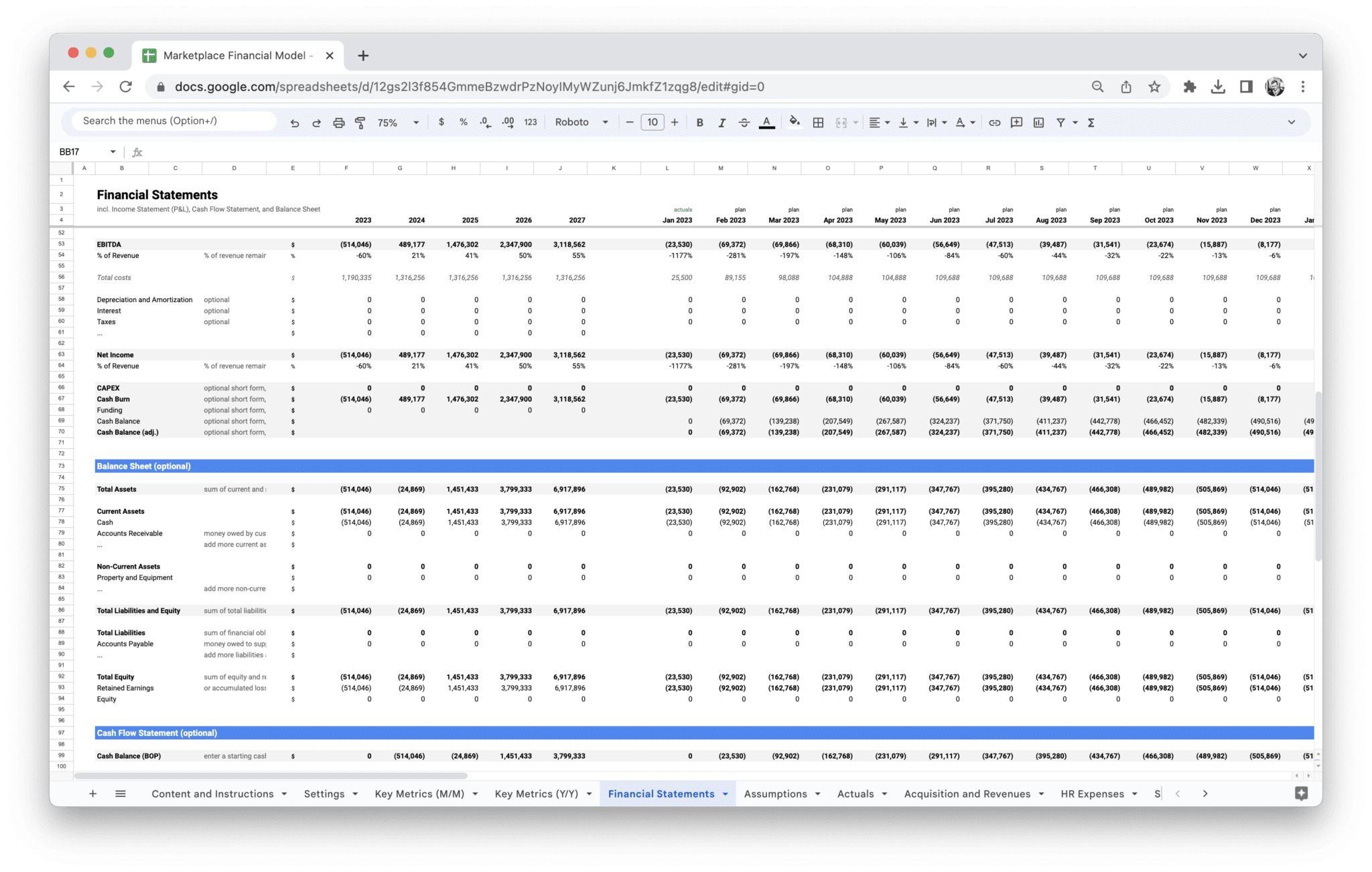 Marketplace Financial Model - Marketplace Financial Model Balance Sheet screenshot in Google Sheets