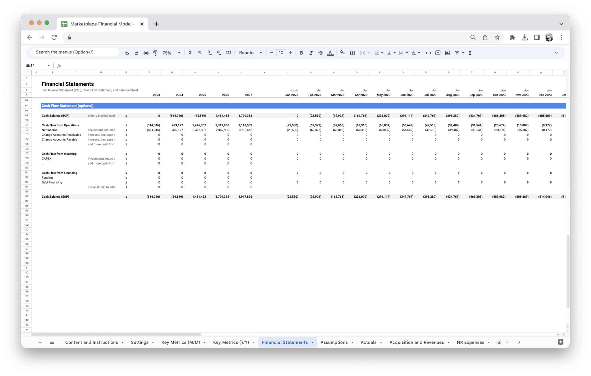 Marketplace Financial Model - Marketplace Financial Model Cash Flow Statement screenshot in Google Sheets