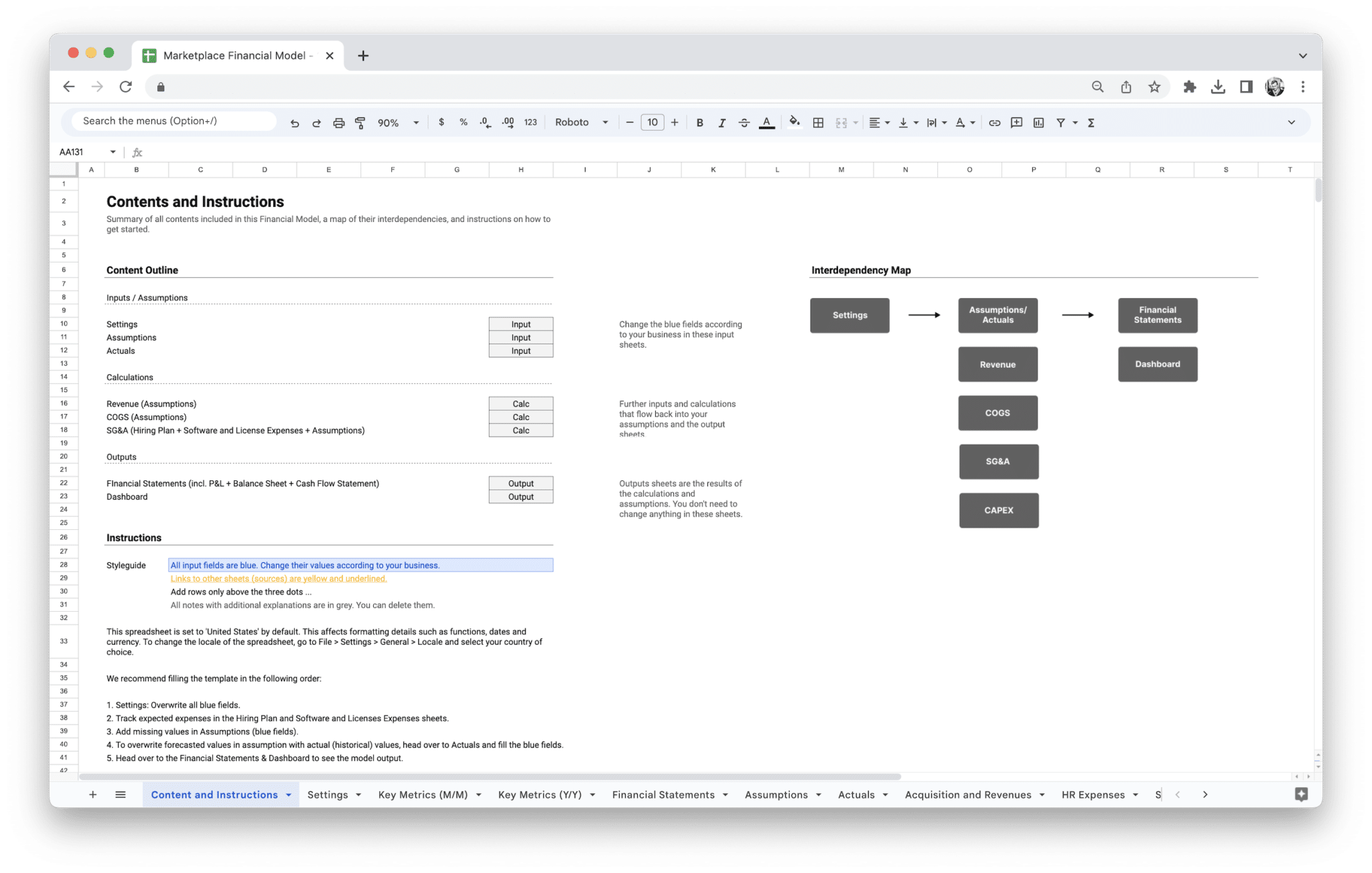 Marketplace Financial Model - Marketplace Financial Model Contents And Instructions preview in Google Sheets