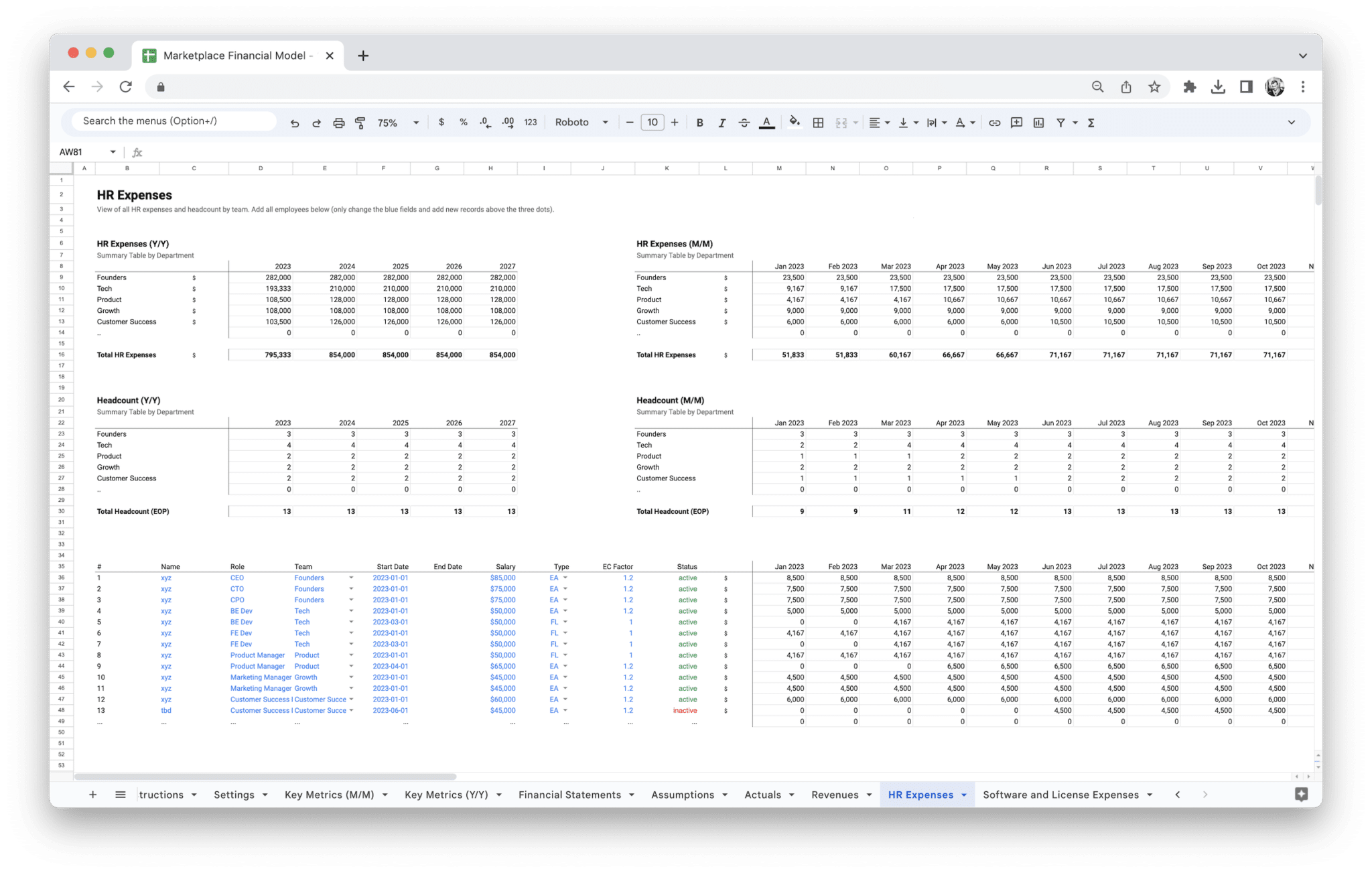 Marketplace Financial Model - Marketplace Financial Model Hr Expenses screenshot in Google Sheets