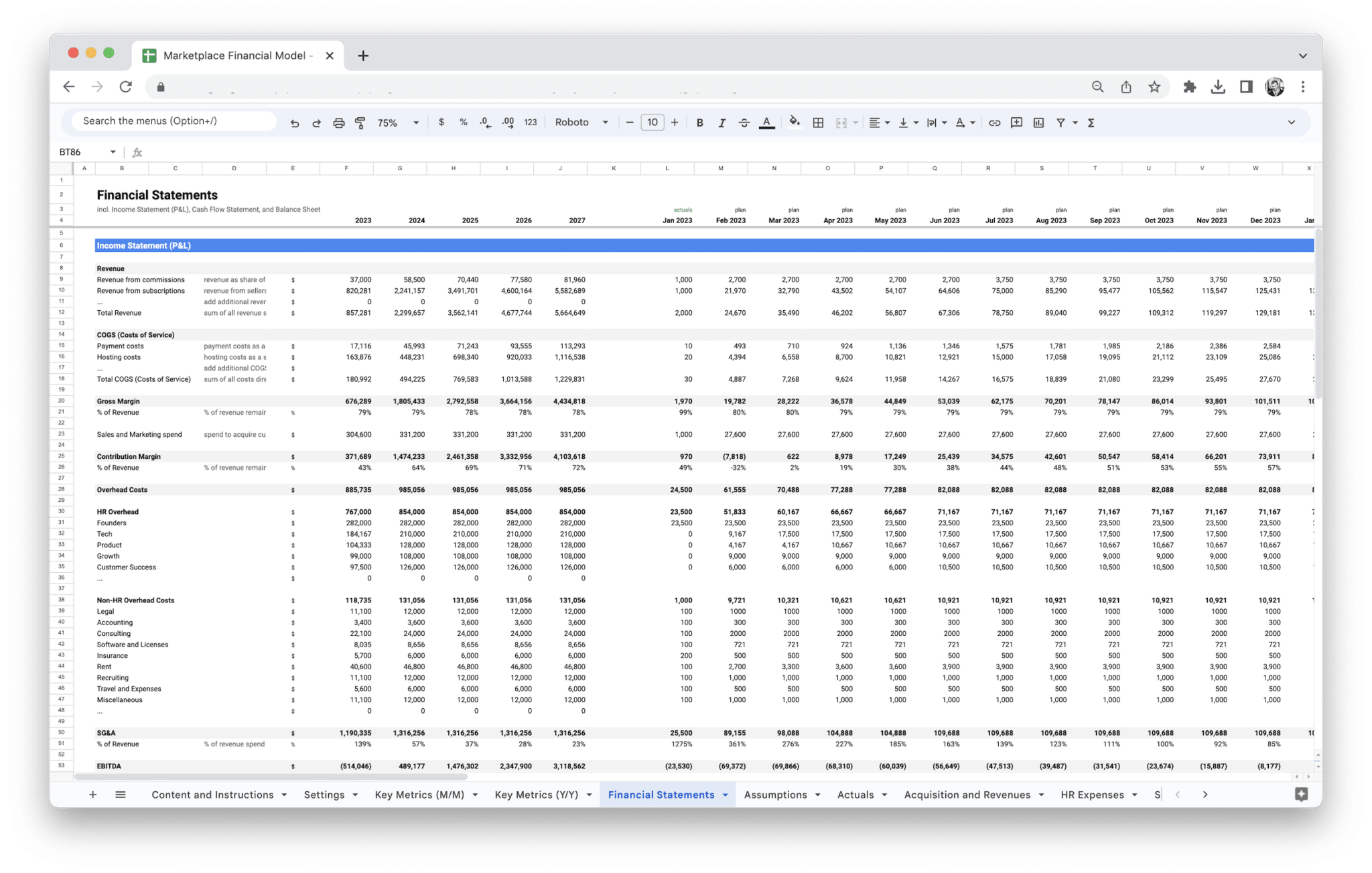 Marketplace Financial Model - Marketplace Financial Model Pl screenshot in Google Sheets