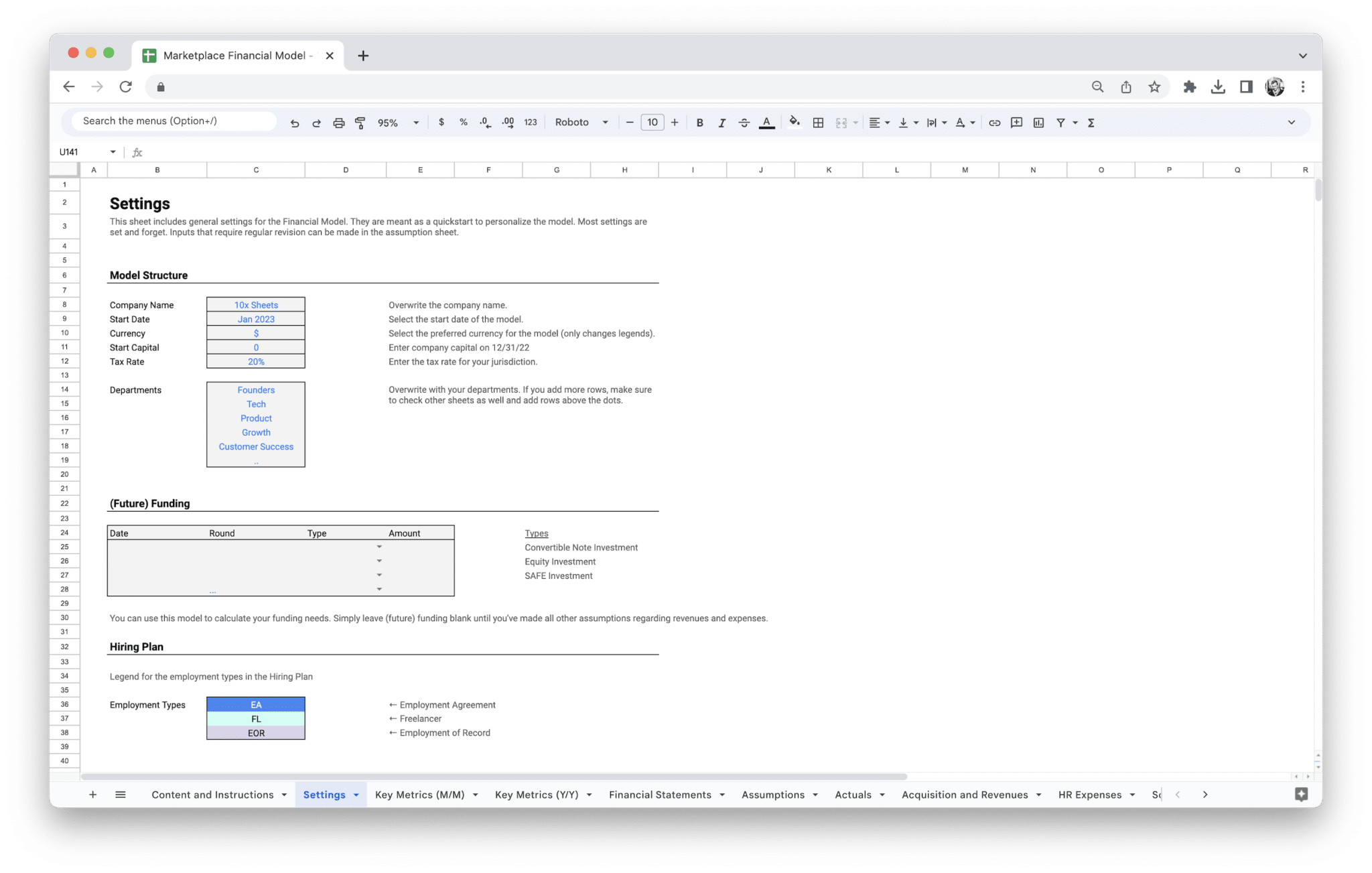 Marketplace Financial Model - Marketplace Financial Model Settings screenshot in Google Sheets