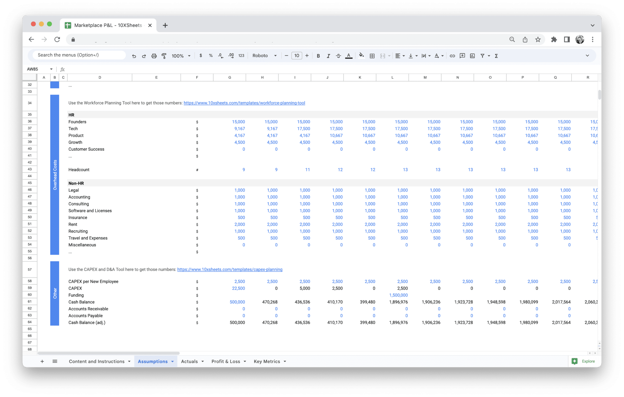 Marketplace Profit and Loss Statement - Marketplace Pl Assumptions for financial model inputs in Google Sheets