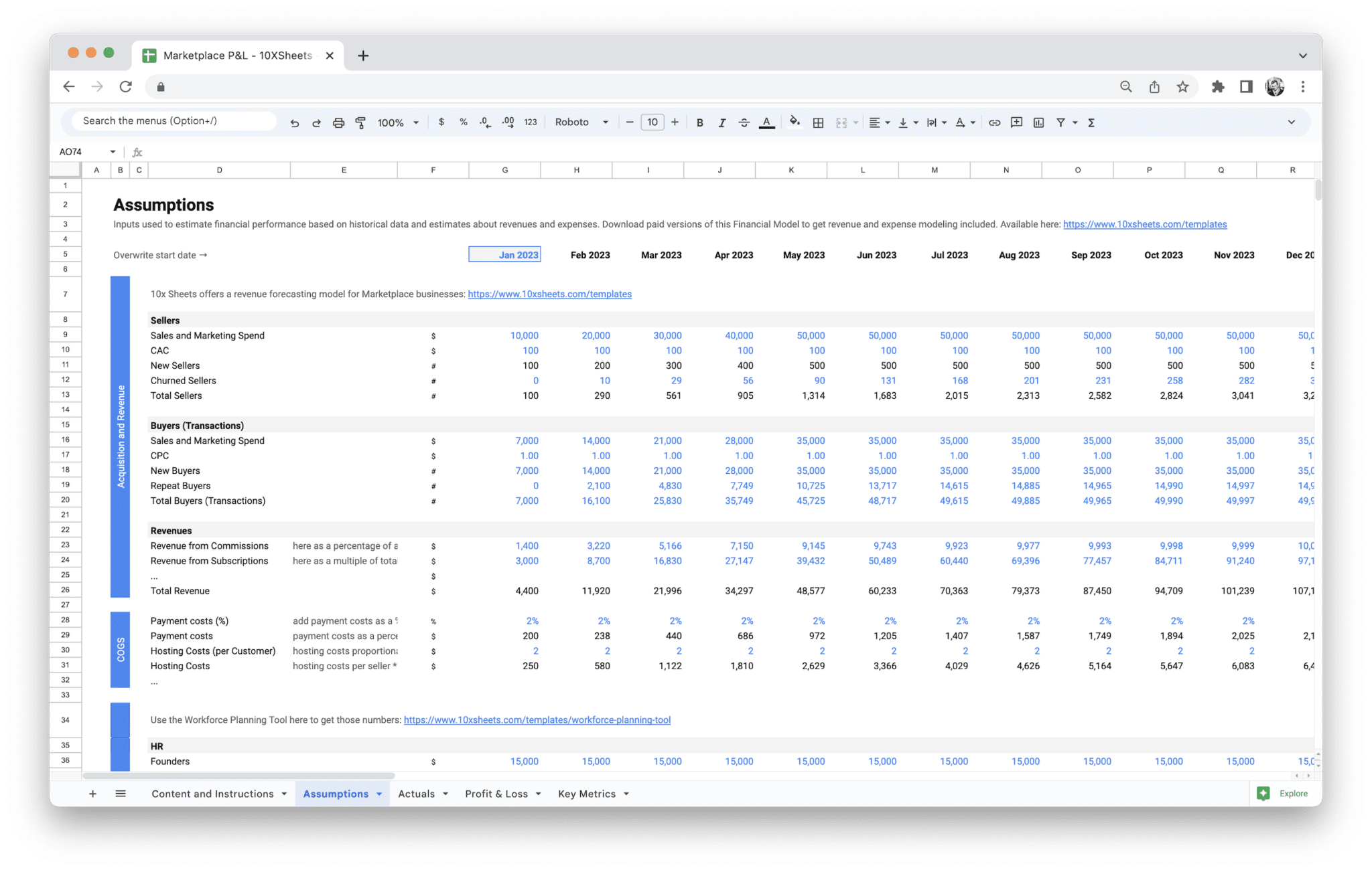 Marketplace Profit and Loss Statement - Marketplace Pl Assumptions for financial model inputs in Google Sheets