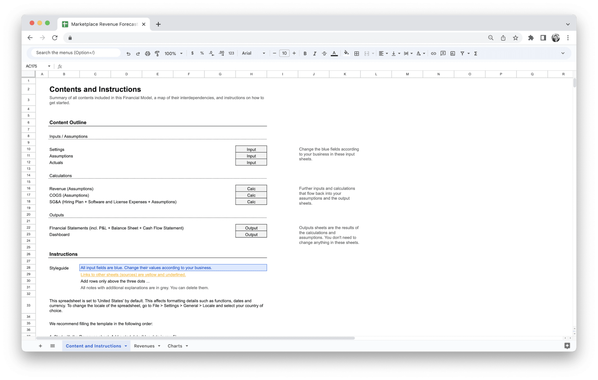 Marketplace Revenue Forecasting Tool - Marketplace Revenue Forecasting Tool Contents preview in Google Sheets