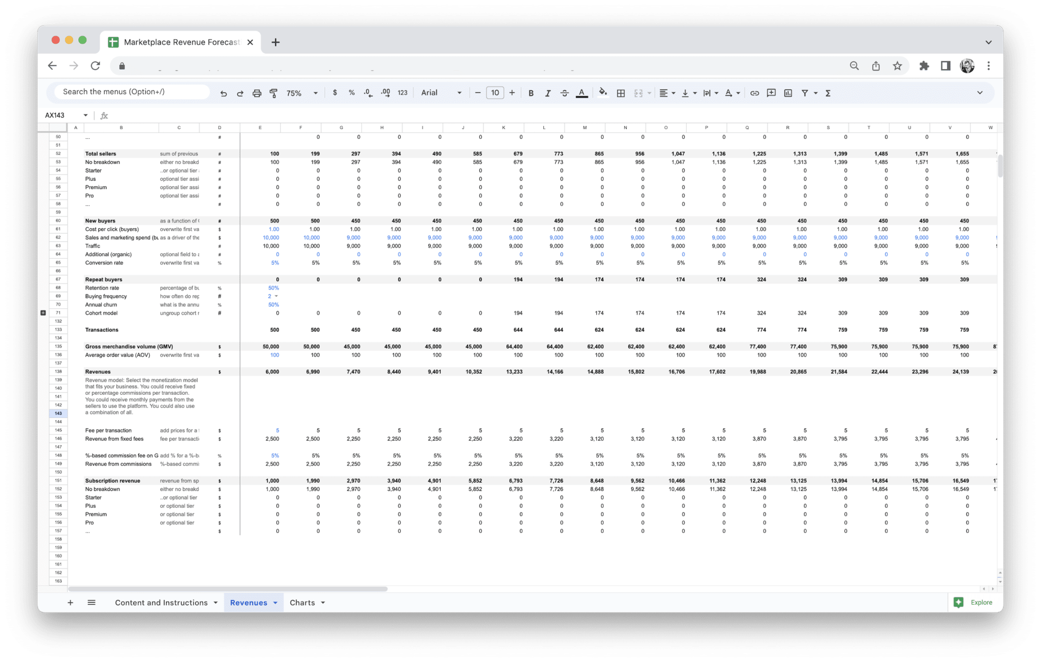 Marketplace Revenue Forecasting Tool - Marketplace Revenue Forecasting Tool Revenues screenshot in Google Sheets