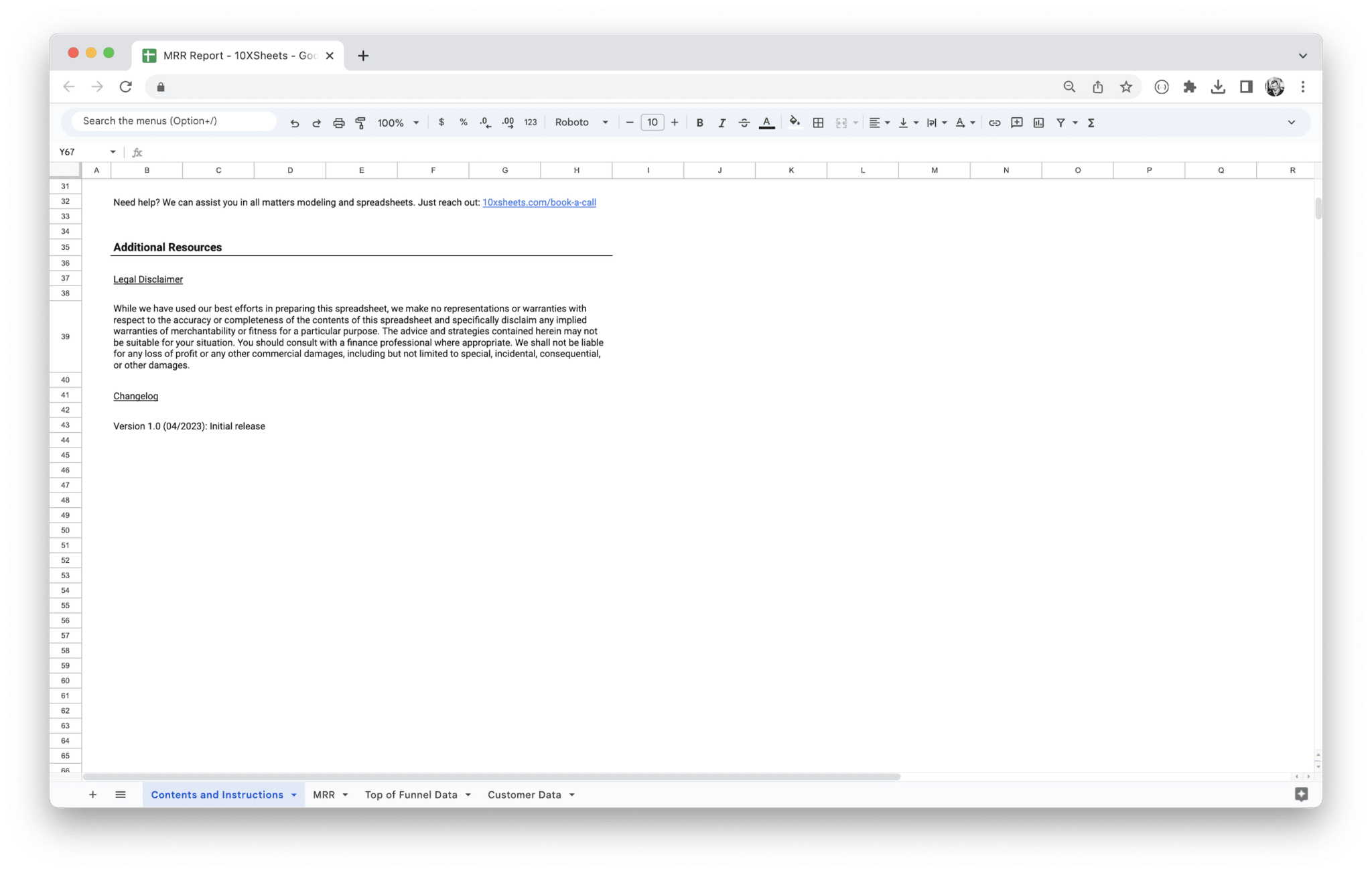 MRR Dashboard - Contents and Instructions - Part 2 with getting started guide in Google Sheets