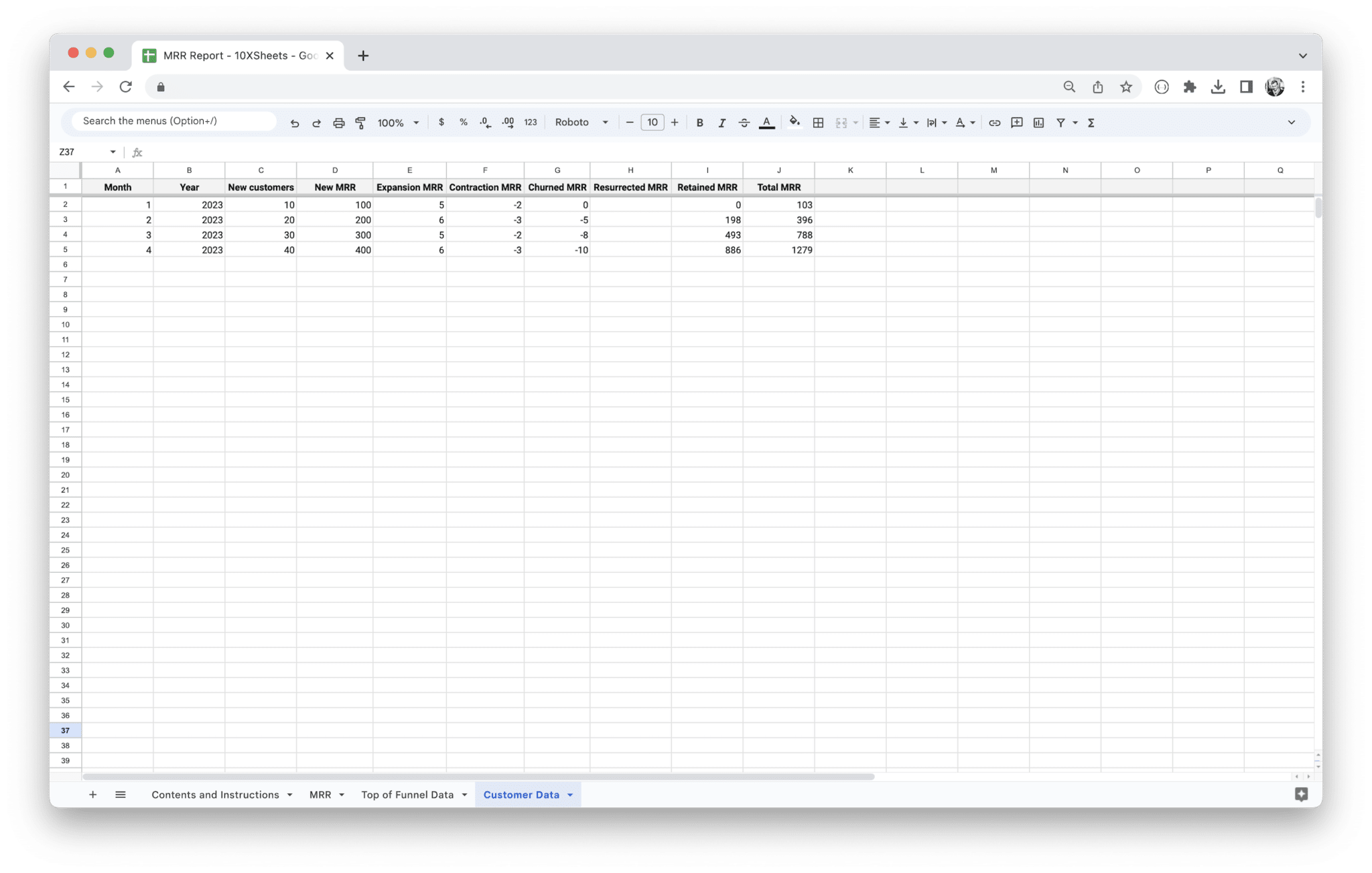 MRR Dashboard - Customer Data screenshot in Google Sheets