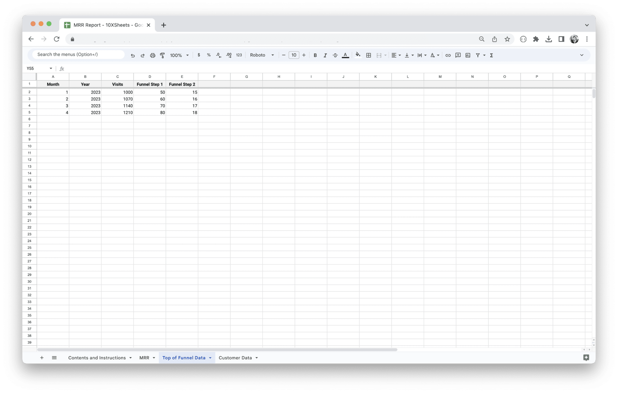 MRR Dashboard - Top of Funnel Data screenshot in Google Sheets