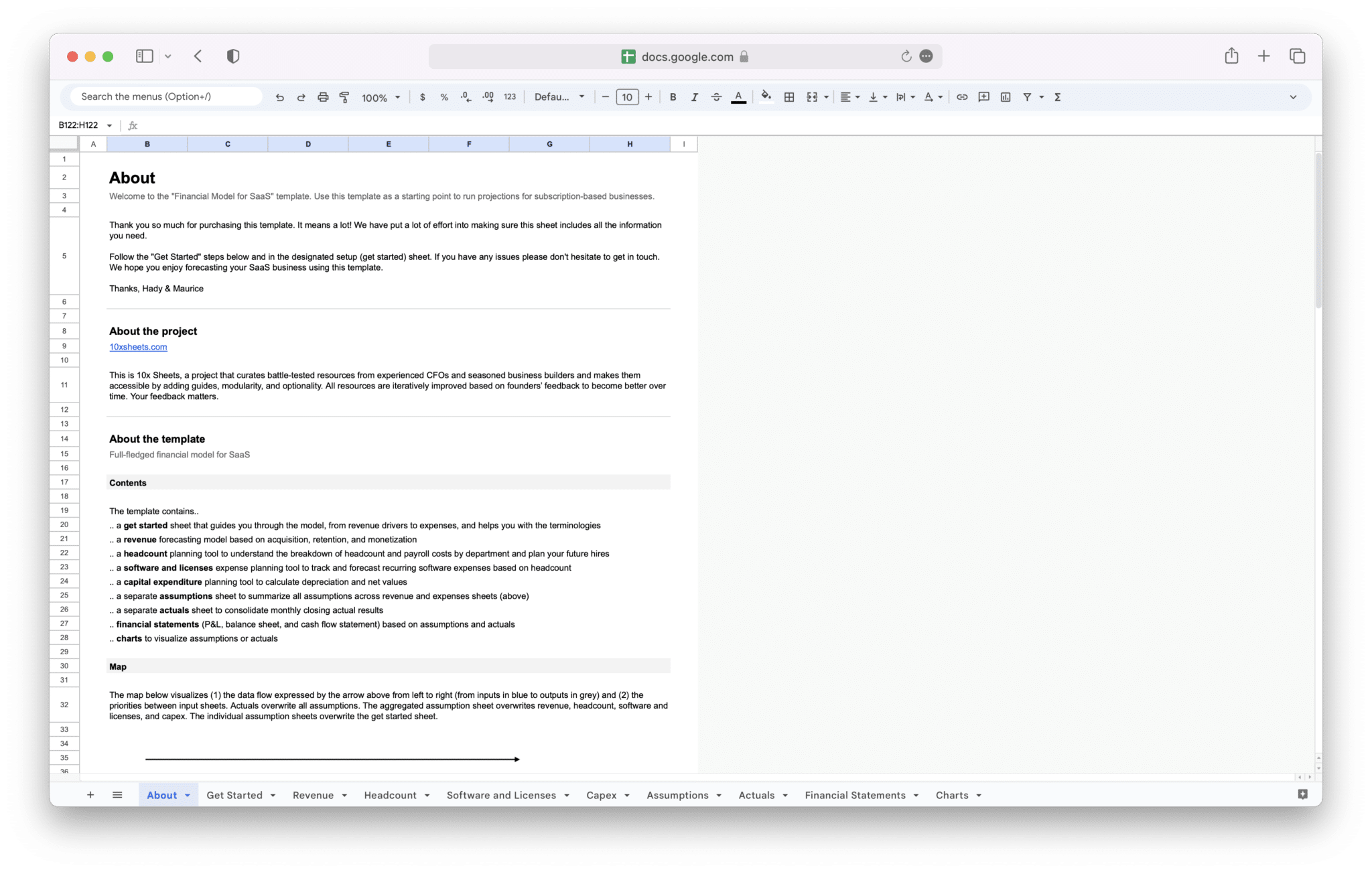 SaaS Financial Model workbook About tab in Google Sheets