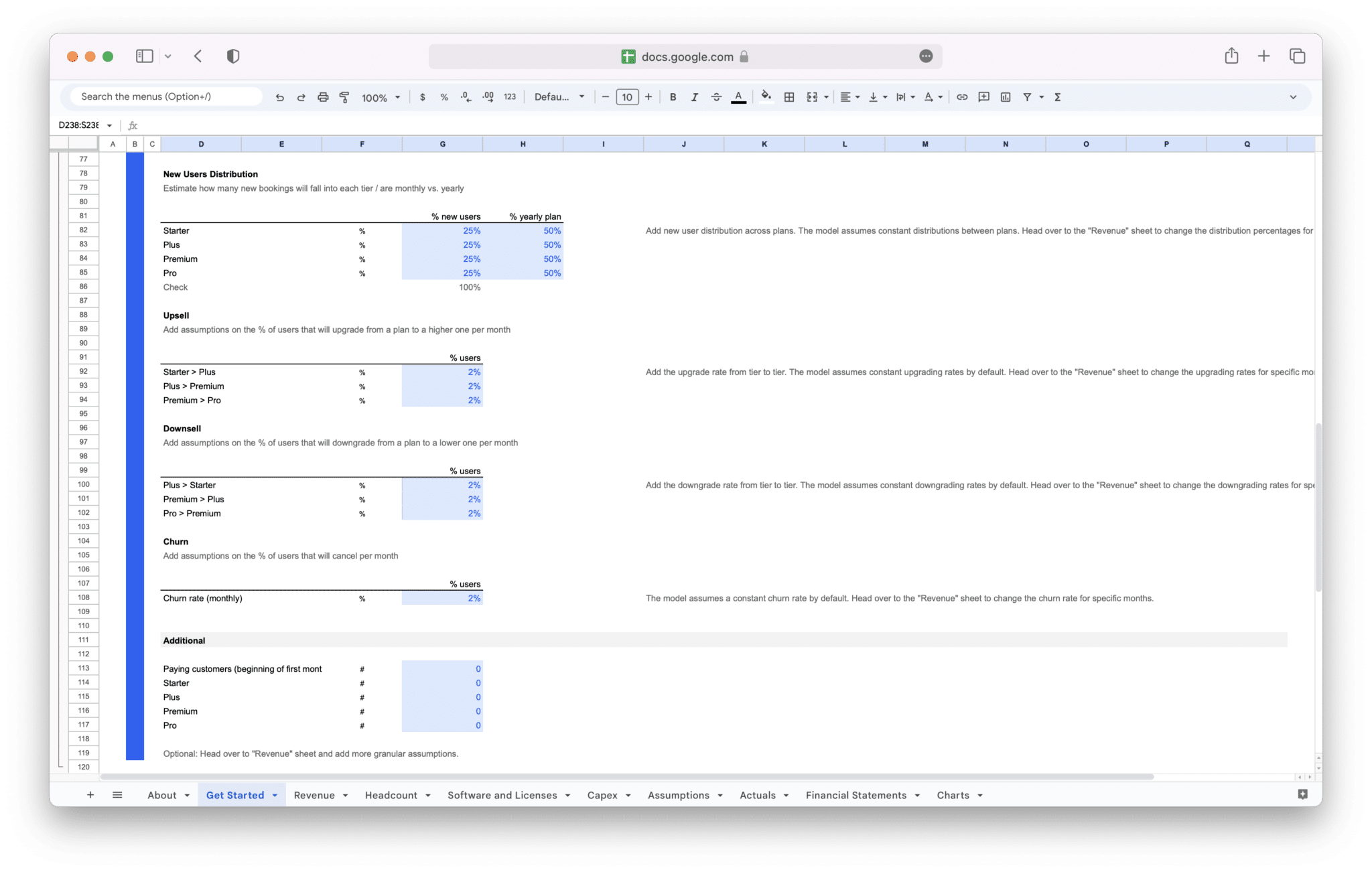 SaaS Financial Model detailed assumptions by subscription tier in Google Sheets
