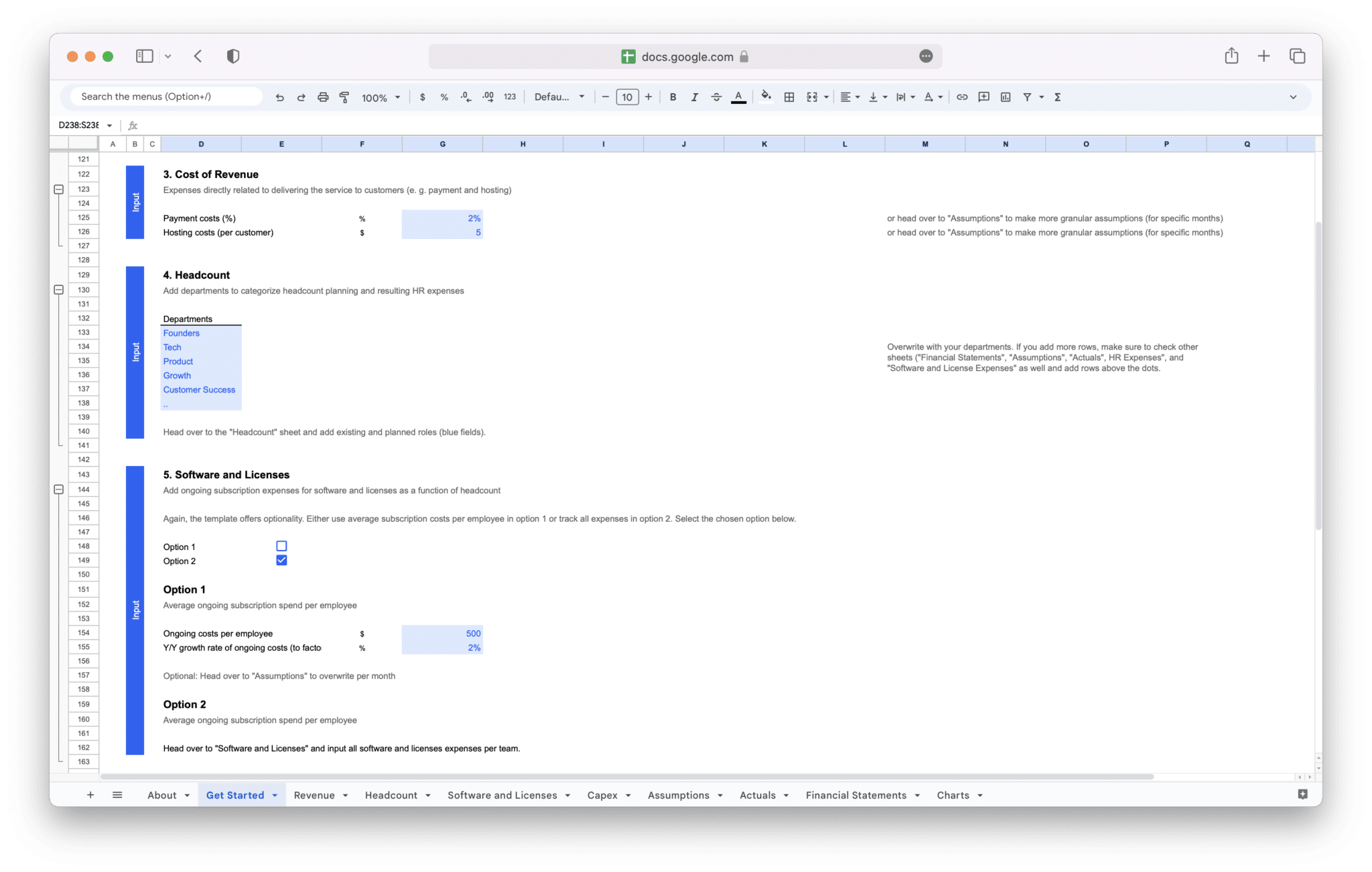 SaaS Financial Model operating expense assumptions in Google Sheets