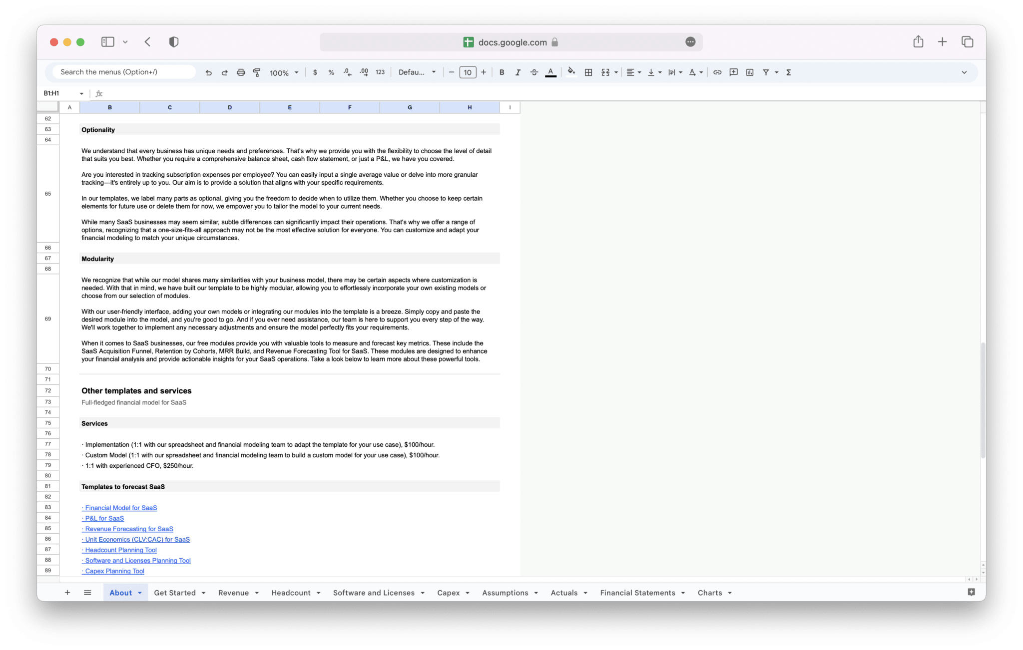 SaaS Financial Model features and module overview in Google Sheets