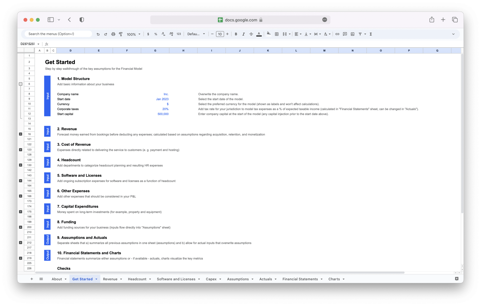 SaaS Financial Model Get Started guide in Google Sheets
