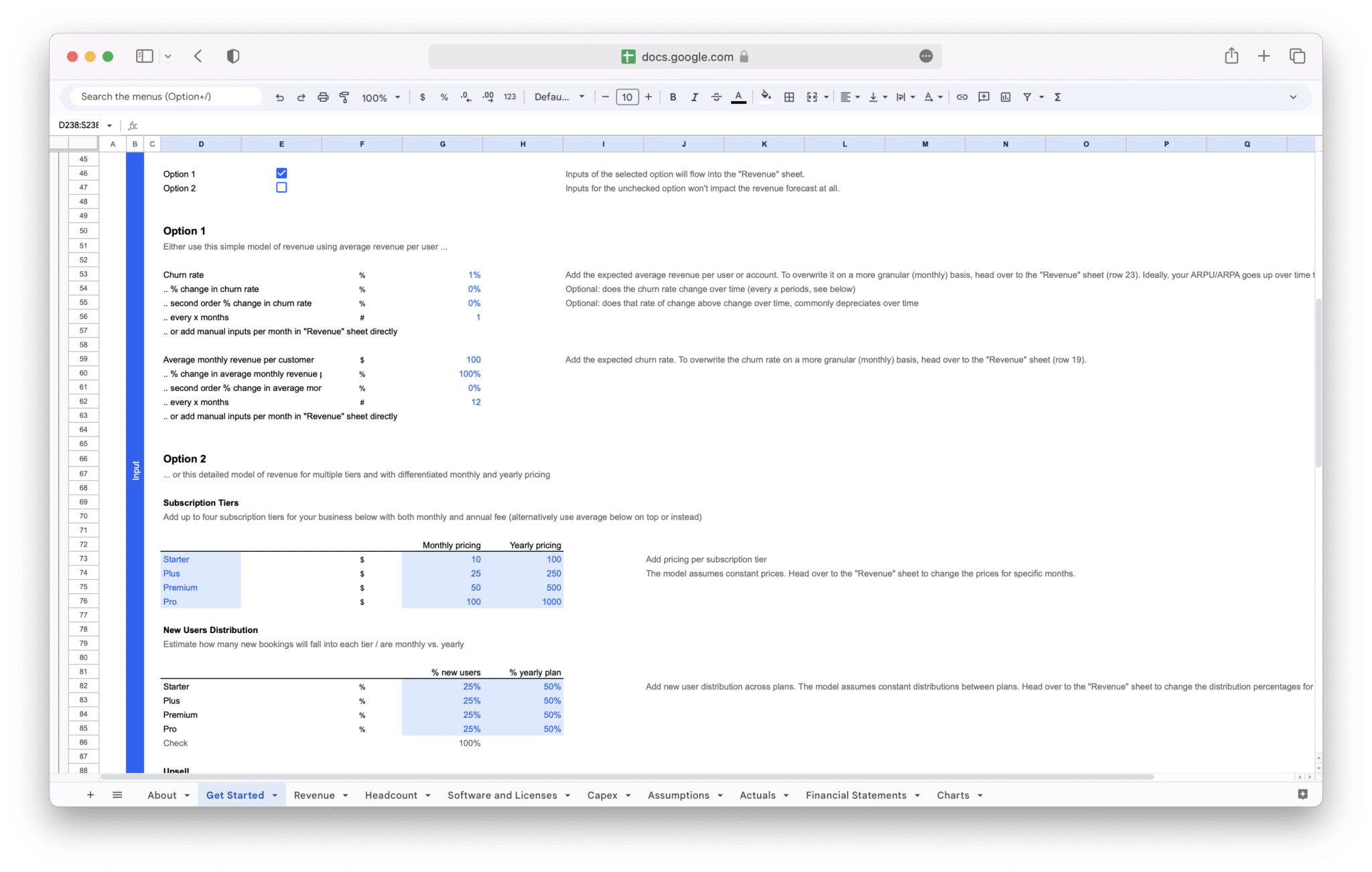 SaaS Financial Model optional revenue assumption paths in Google Sheets
