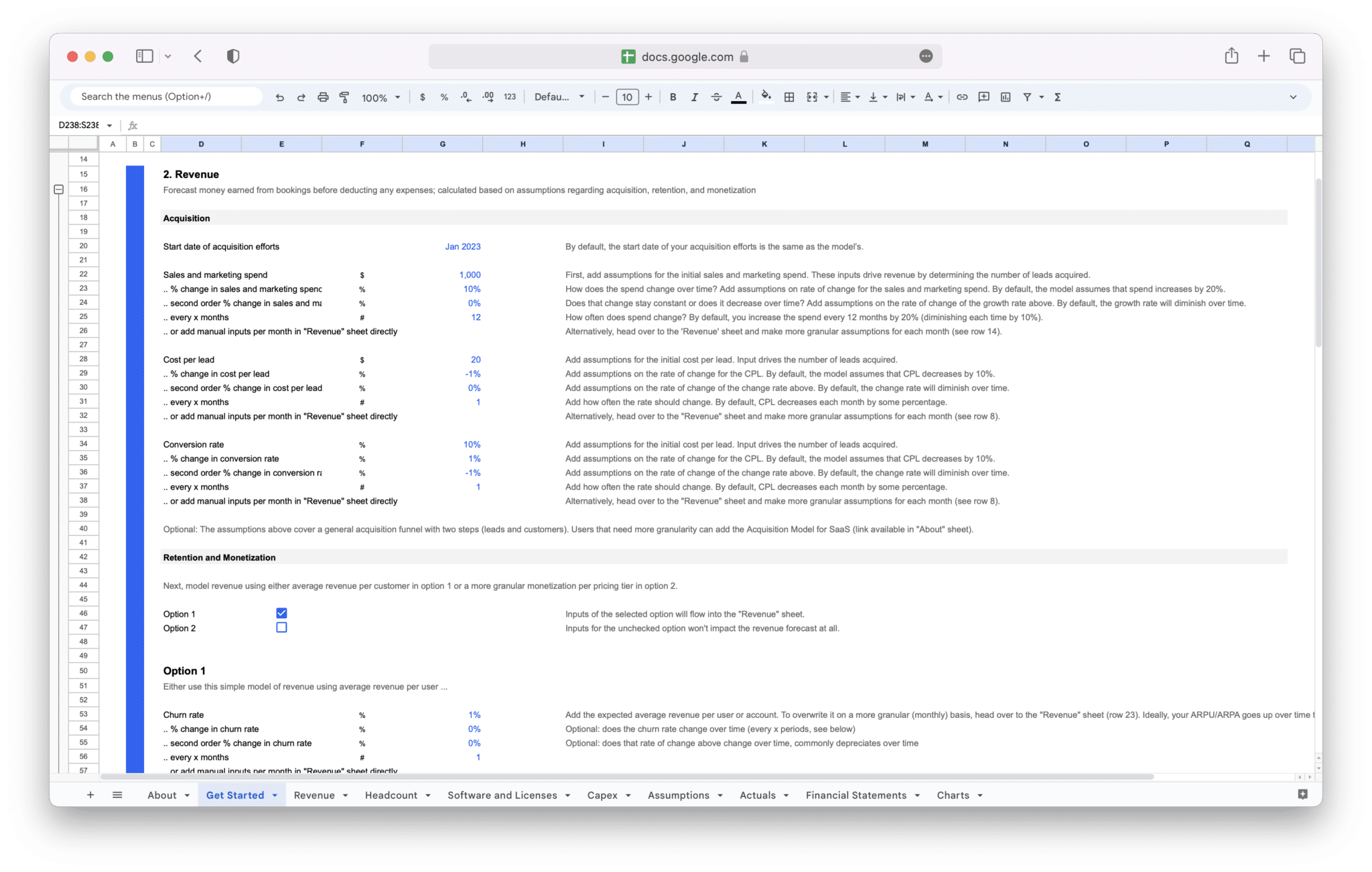 SaaS Financial Model Revenue tab with subscription revenue assumptions in Google Sheets