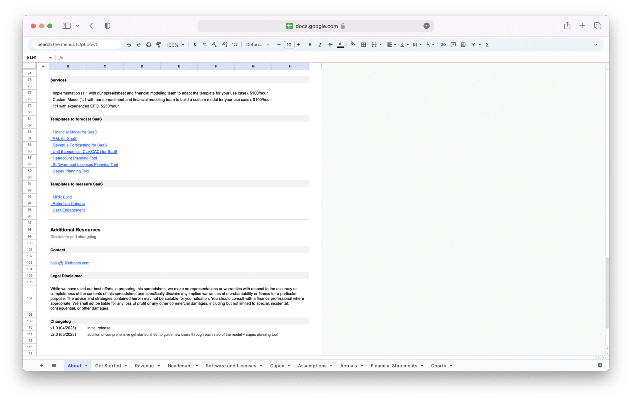 SaaS Financial Model related templates and services section in Google Sheets