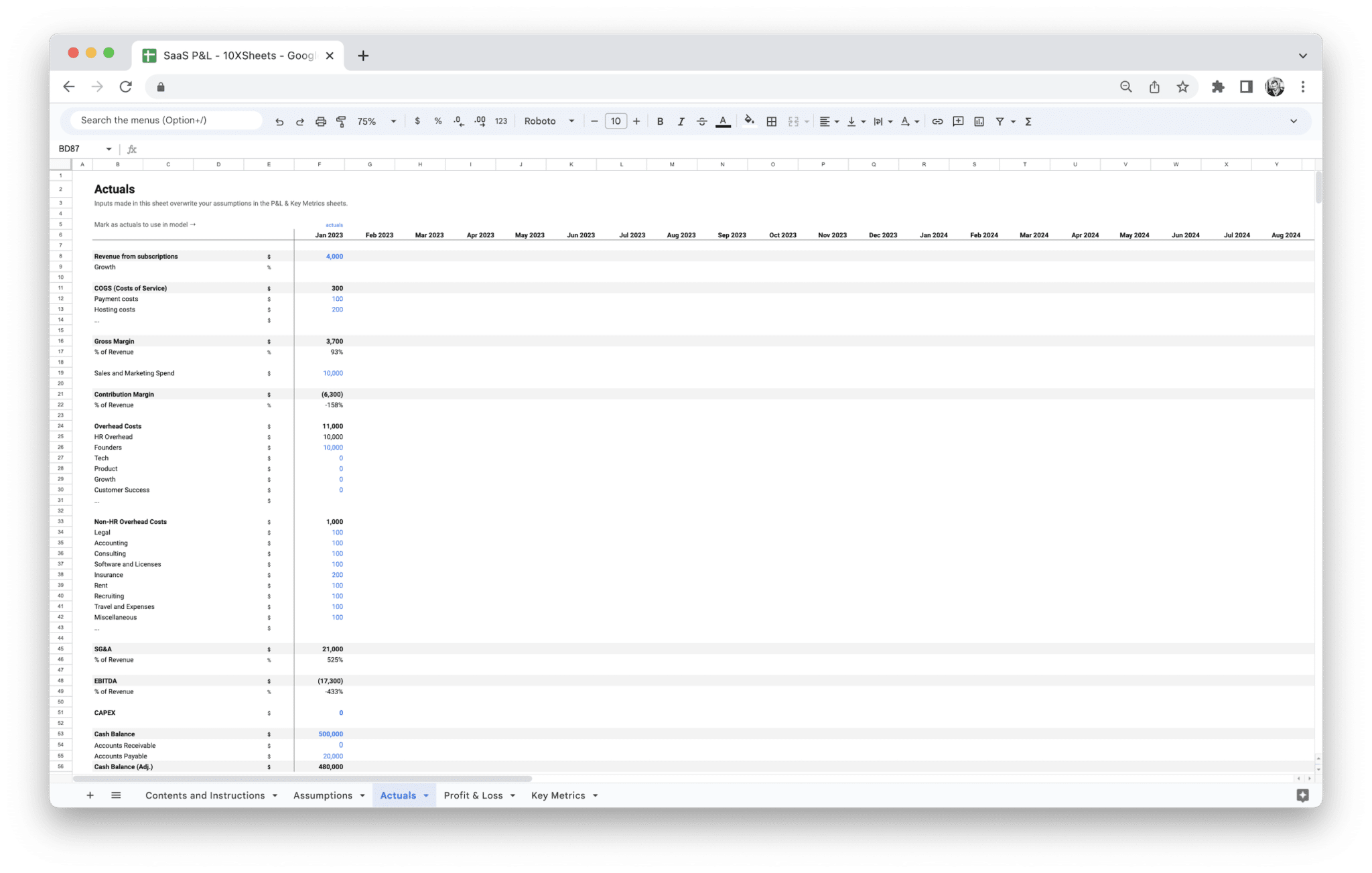SaaS Profit and Loss Statement template showing optional Actuals for plan versus actual in Google Sheets