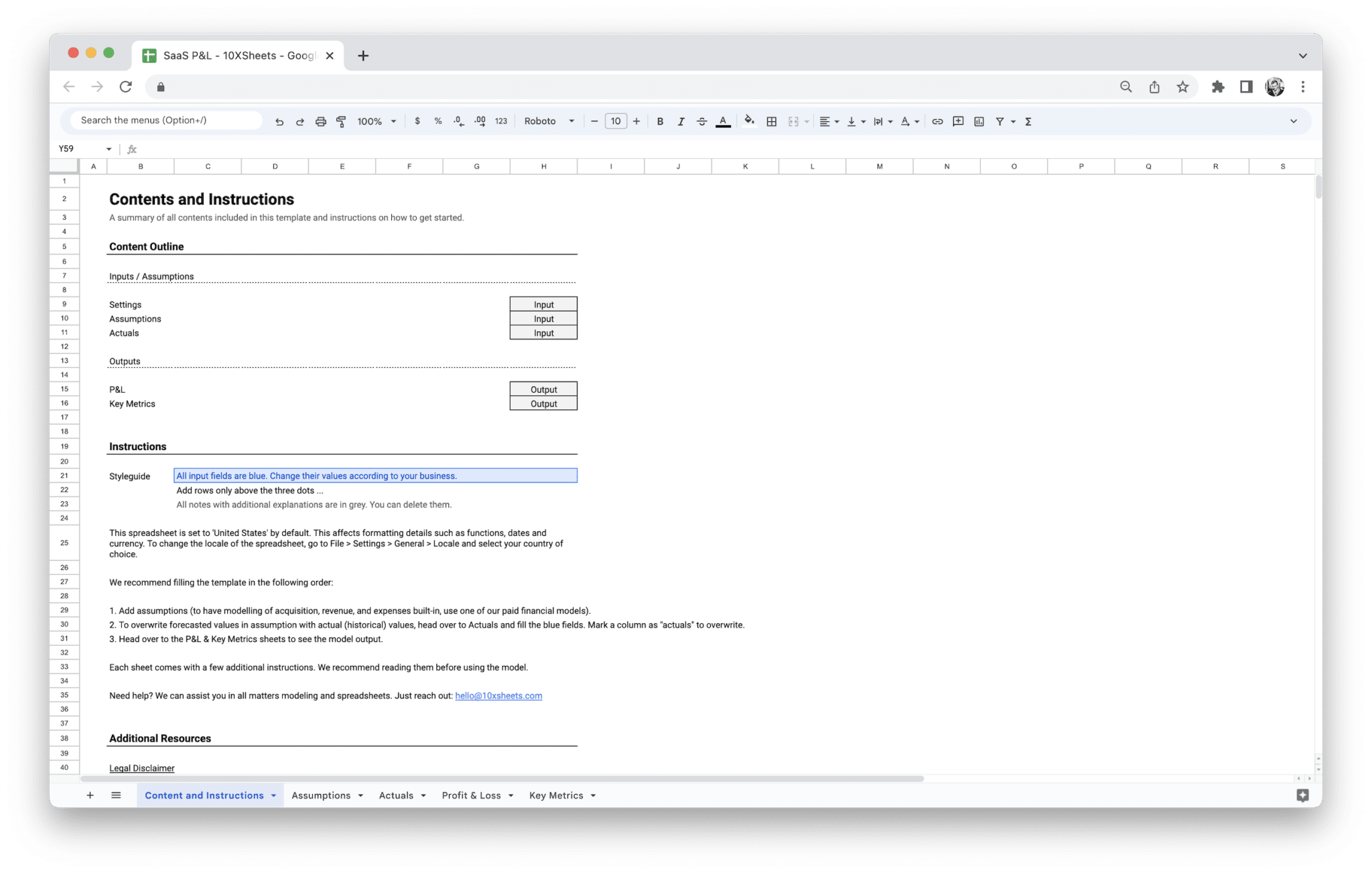 SaaS Profit and Loss Statement template Contents and Instructions tab with setup guide in Google Sheets