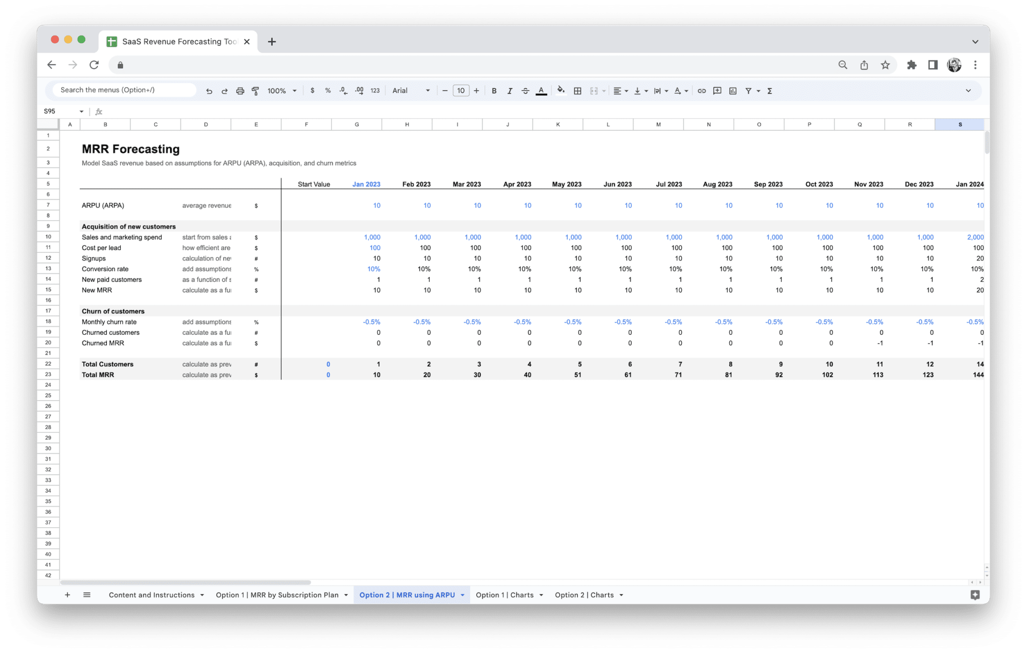 SaaS Revenue Forecasting Tool - Saas Revenue Forecasting Tool Forecasting Using Arpu screenshot in Google Sheets
