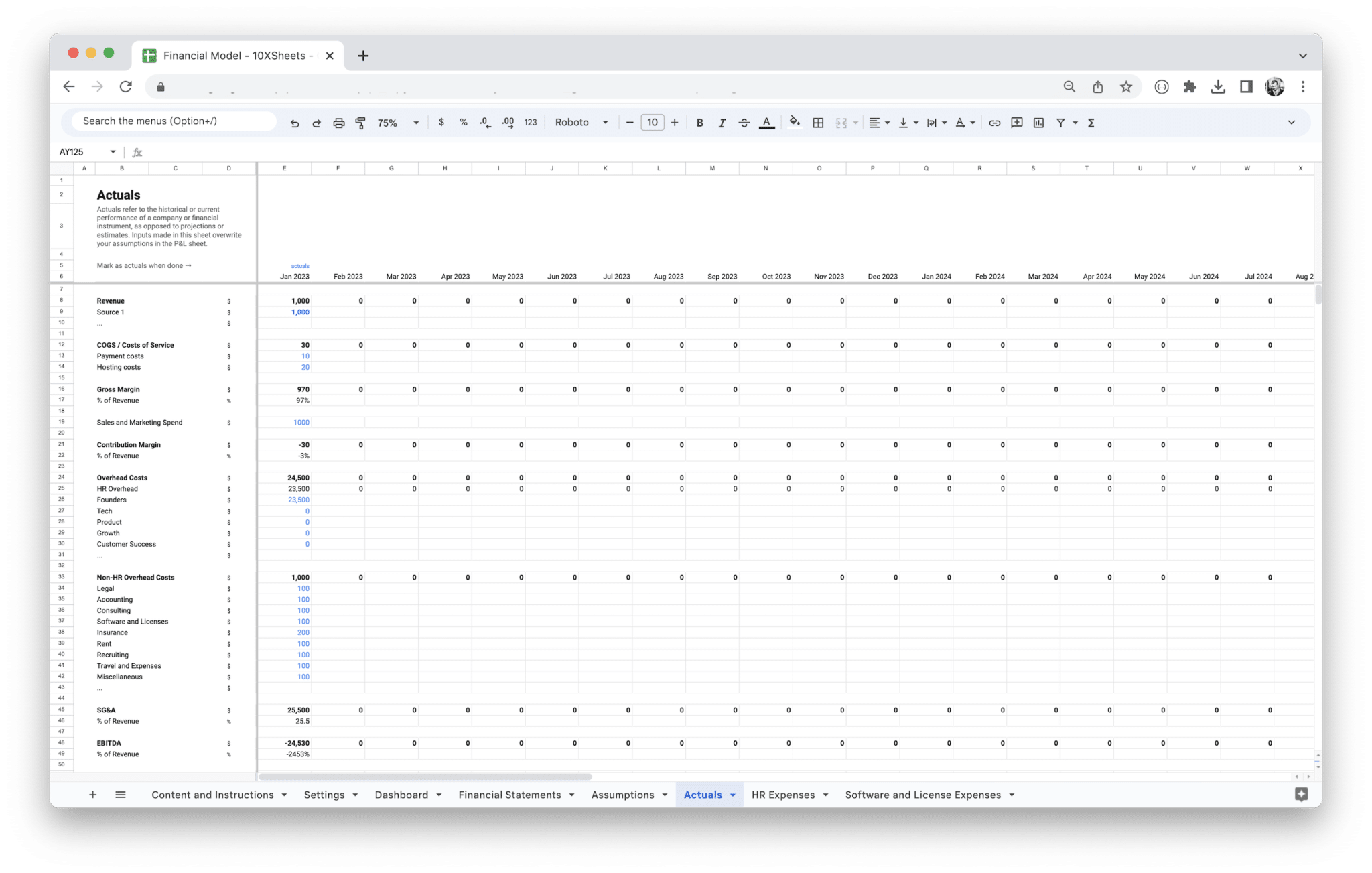 Standard Financial Model Template - Actuals screenshot in Google Sheets