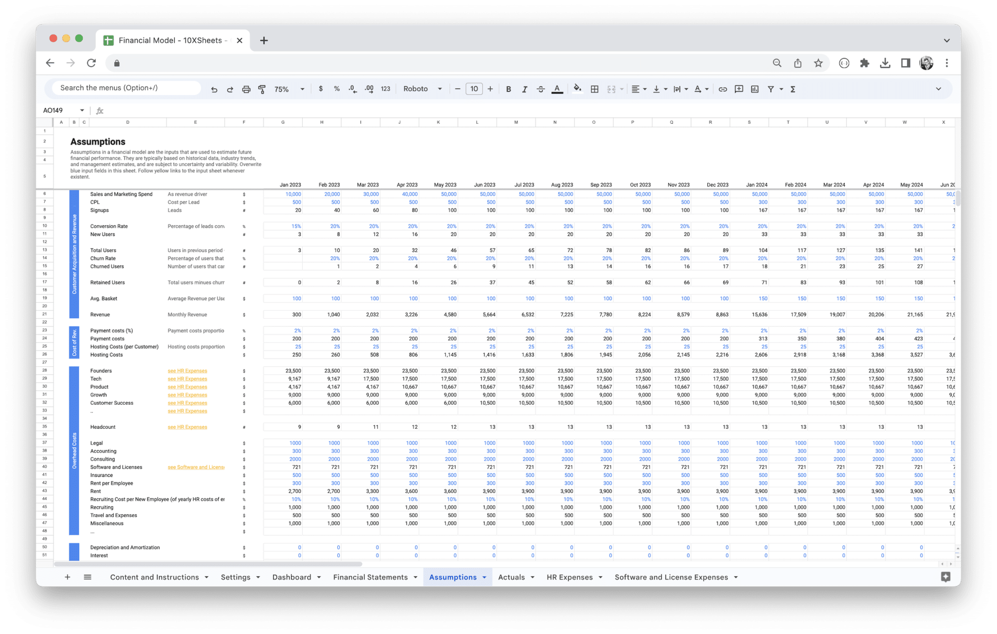 Standard Financial Model Template - Assumptions for financial model inputs in Google Sheets