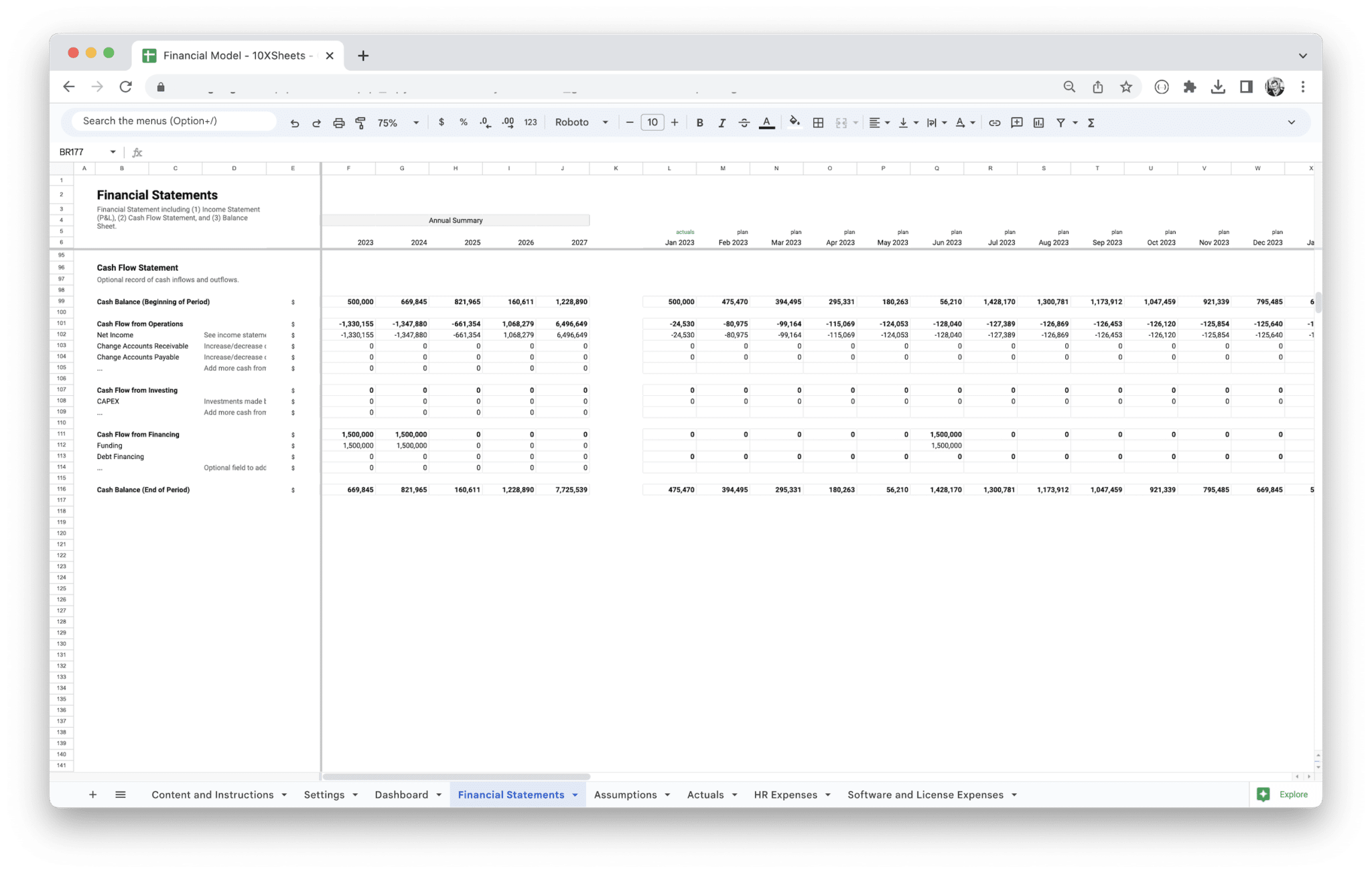 Standard Financial Model Template - Cash Flow Statement screenshot in Google Sheets